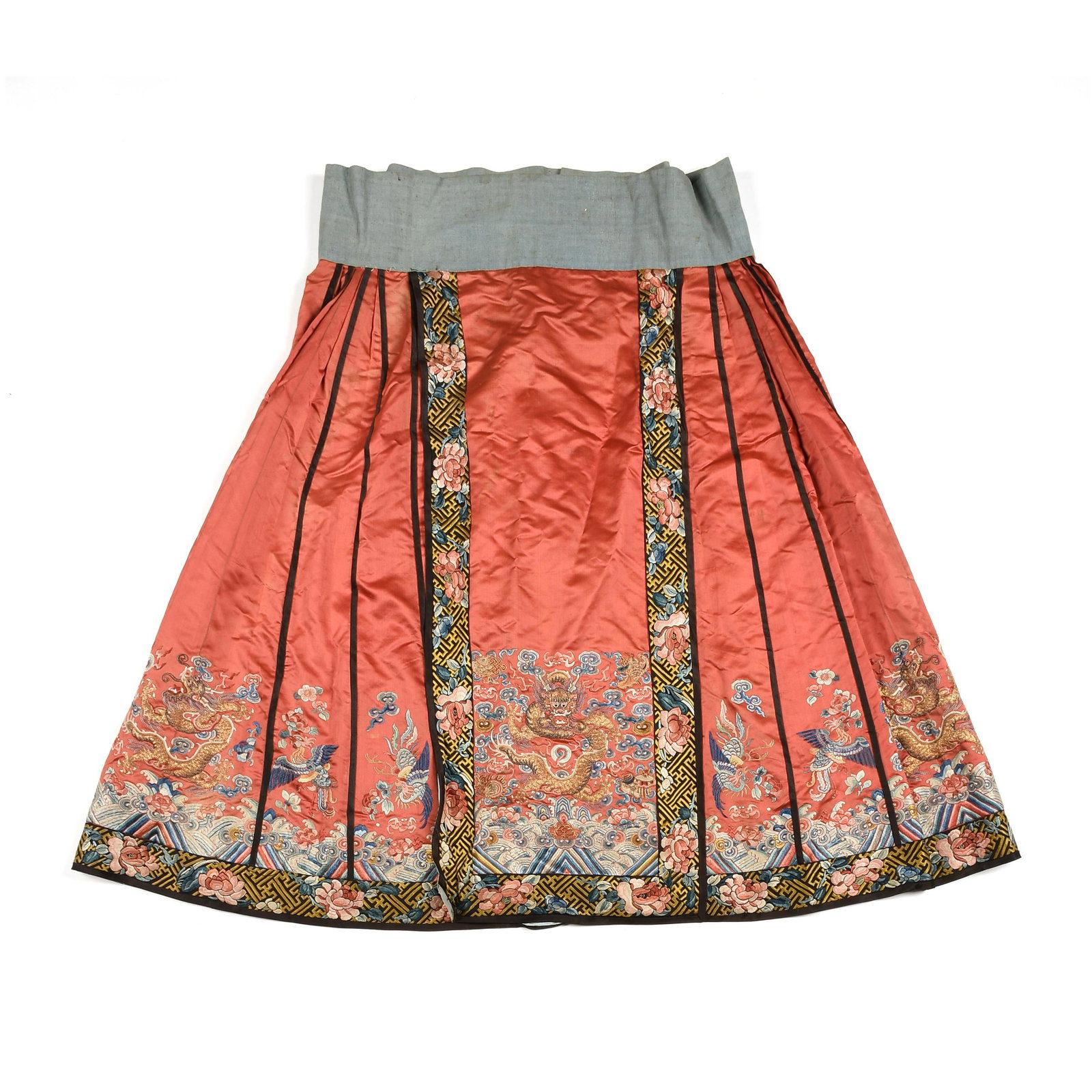 A QING DYNASTY IMPERIAL DRAGON AND PHOENIX KESI AND BLIND STITCH EMBROIDERED SILK SKIRT, LATE: A QING DYNASTY IMPERIAL DRAGON AND PHOENIX KESI AND BLIND STITCH EMBROIDERED SILK SKIRT, LATE 19TH/EARLY 20TH CENTURY, the persimmon red ground with border and hem of auspicious blooms in shades of cl