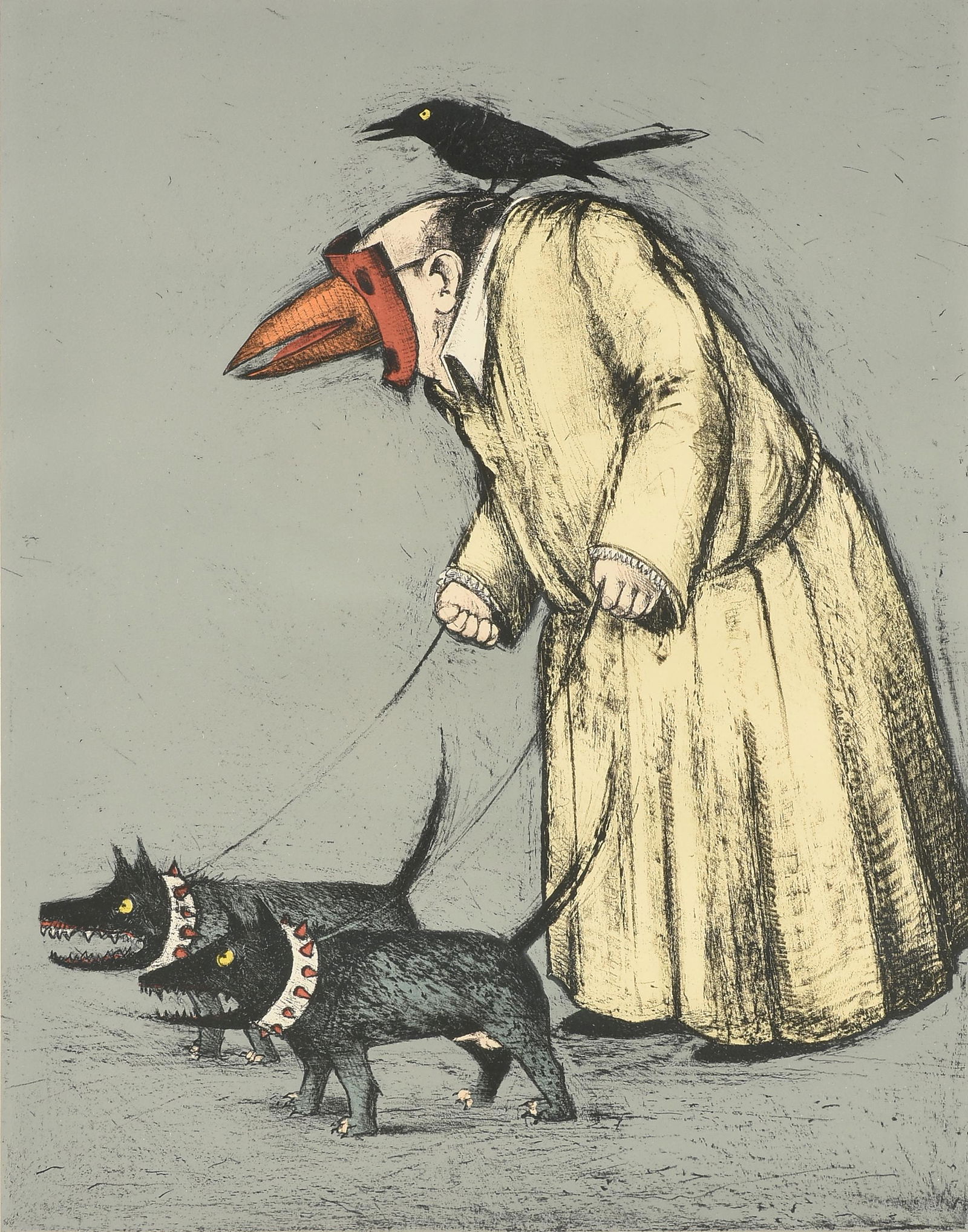 JOHN ALEXANDER (American/Texas b. 1945) A PRINT, "Confused Man Walking his Dogs," 1995,: JOHN ALEXANDER (American/Texas b. 1945) A PRINT, "Confused Man Walking his Dogs," 1995, lithograph printed in colors, signed in pencil L/R, "John Alexander," and numbered L/L, "30/60;" 30" x 23 3/4",