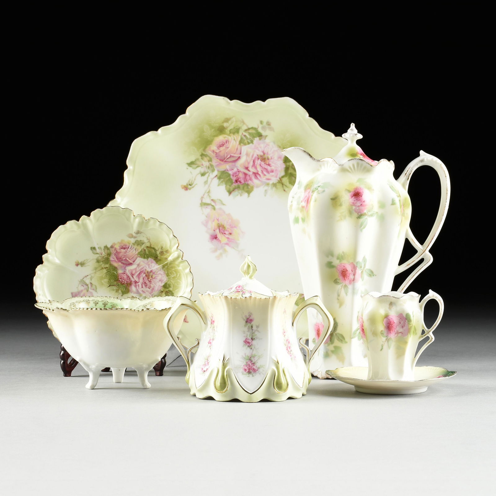 TWENTY-TWO GREEN R.S. PRUSSIA PORCELAIN TEA DISHES, GERMAN, CIRCA 1910, (1 of 8)