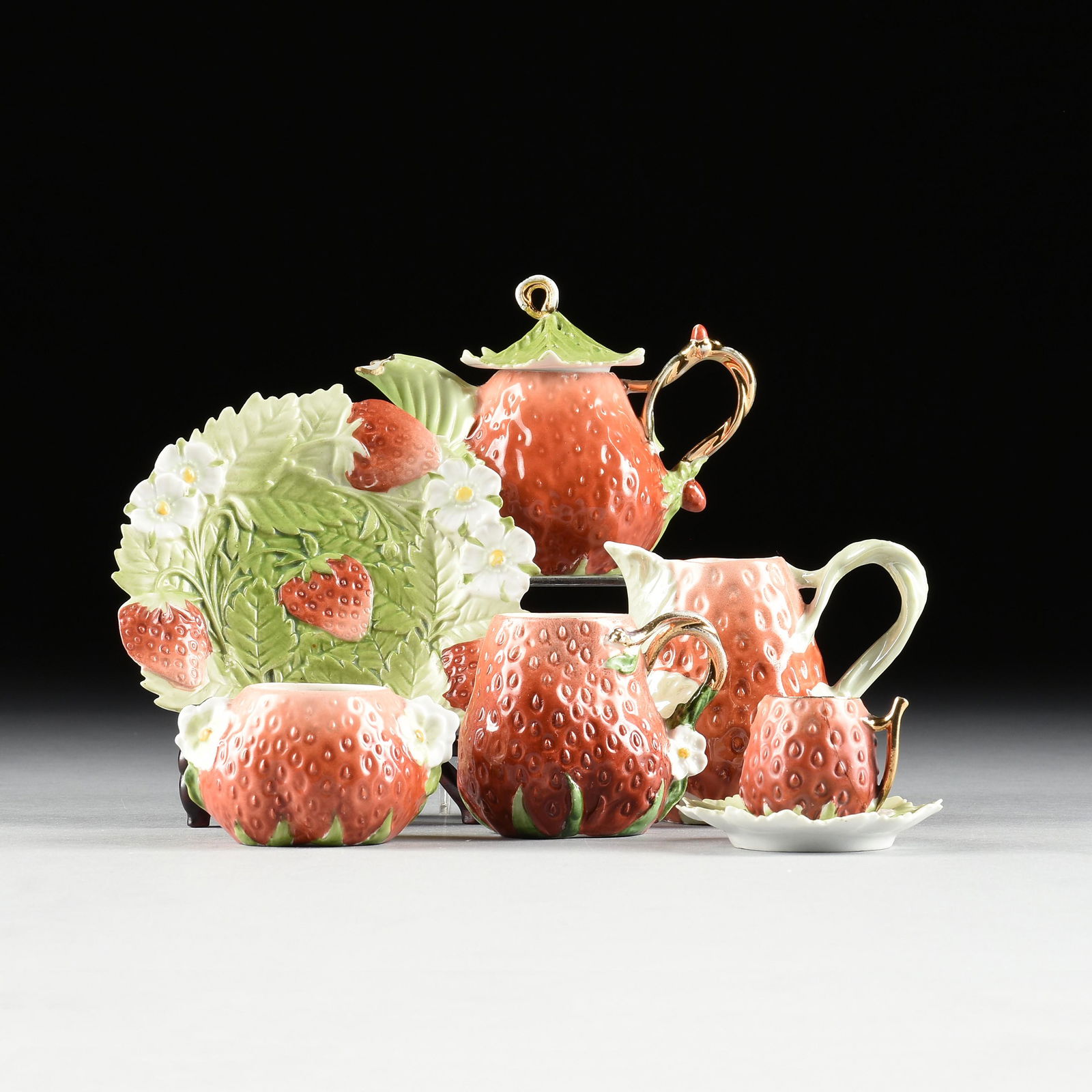 A TWELVE PIECE R.S. PRUSSIA PORCELAIN STRAWBERRY TEA SET, GERMAN, CIRCA 1910, (1 of 8)