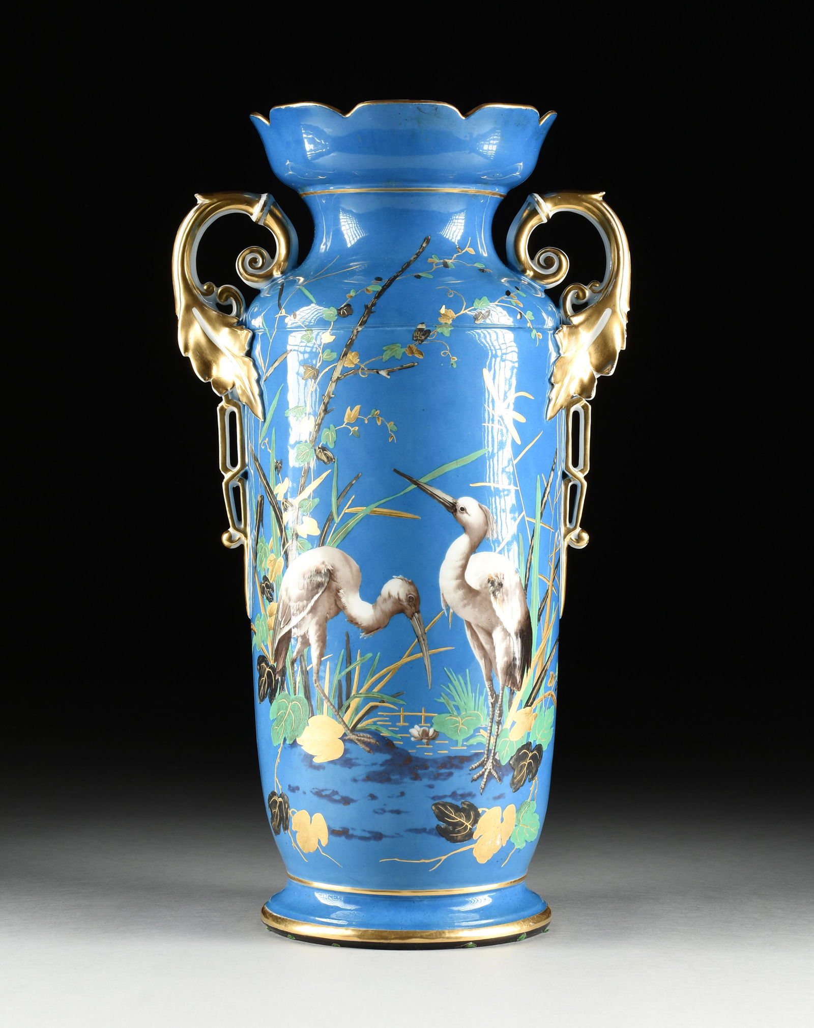 A MINTON STYLE AESTHETIC MOVEMENT LARGE BLUE GROUND AND PAINTED "WHITE HERONS" PORCELAIN VASE, CIRCA (1 of 8)