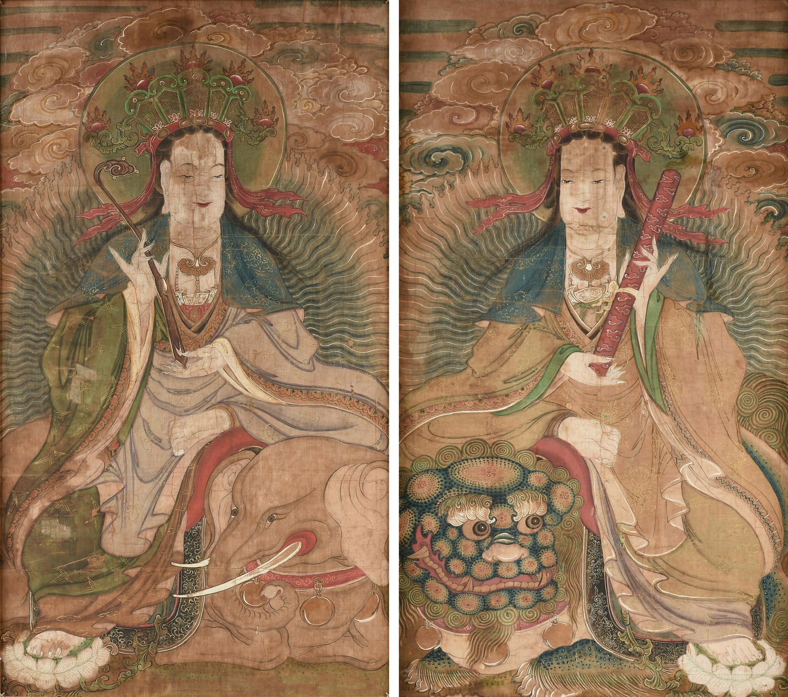 PAIR OF TIBETAN-CHINESE PAINTED SILK THANGKAS OF BODHISATTVAS MANJUSHRI AND SAMANTABHADRA, 19TH (1 of 20)