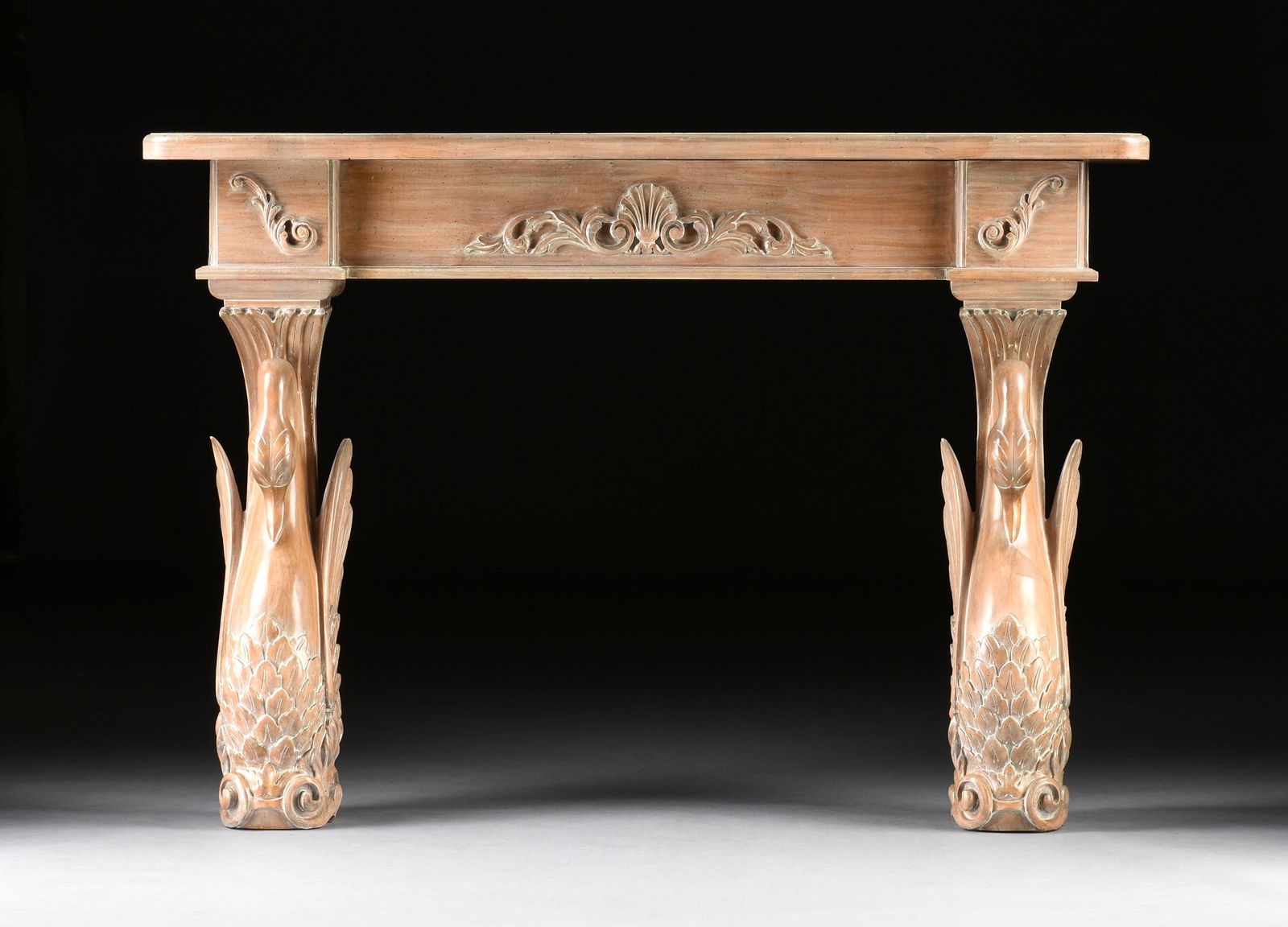 AN AMERICAN EMPIRE STYLE PICKLED WOOD SWAN MOTIF FIREPLACE SURROUND, MODERN, (1 of 11)