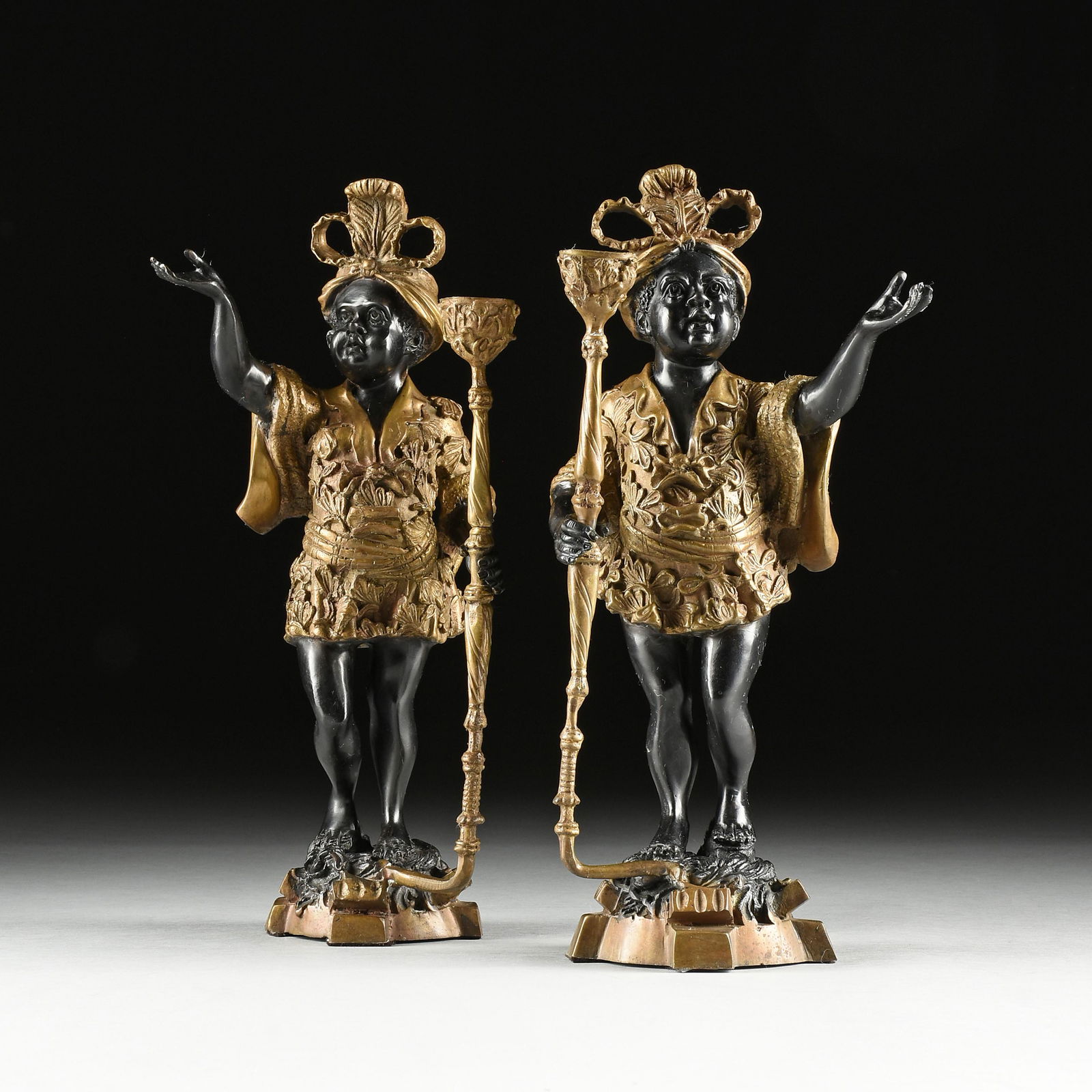 A PAIR OF RENAISSANCE REVIVAL STYLE BLACKAMOOR PAINTED BRONZE FIGURAL CANDELABRUM, 20TH CENTURY, (1 of 12)