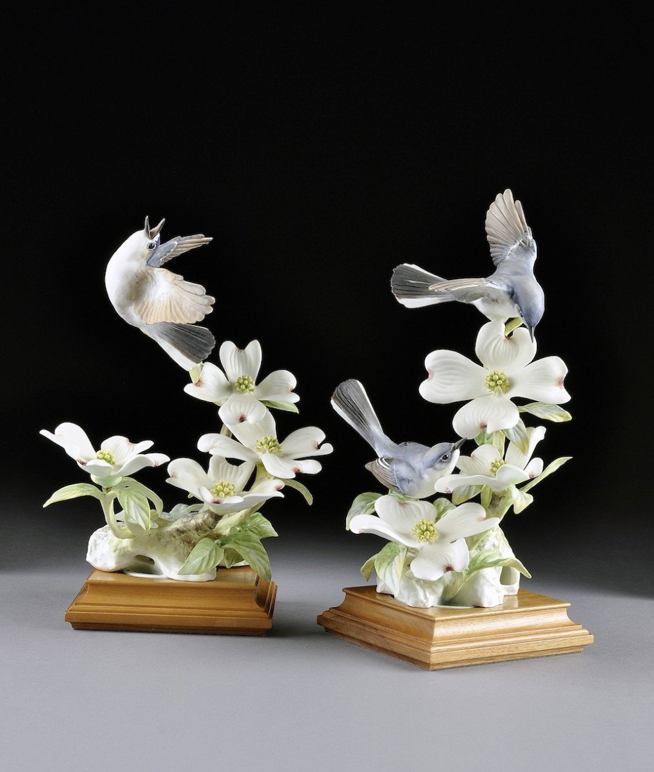 A PAIR OF DOROTHY DOUGHTY BLUE-GREY GNATCATCHERS, BY: A PAIR OF DOROTHY DOUGHTY BLUE-GREY GNATCATCHERS, BY ROYAL WORCESTER, CIRCA 1954, each painted in soft colors and naturalistically modeled as a hen and cock on blossoming dogwood stems incorporating a