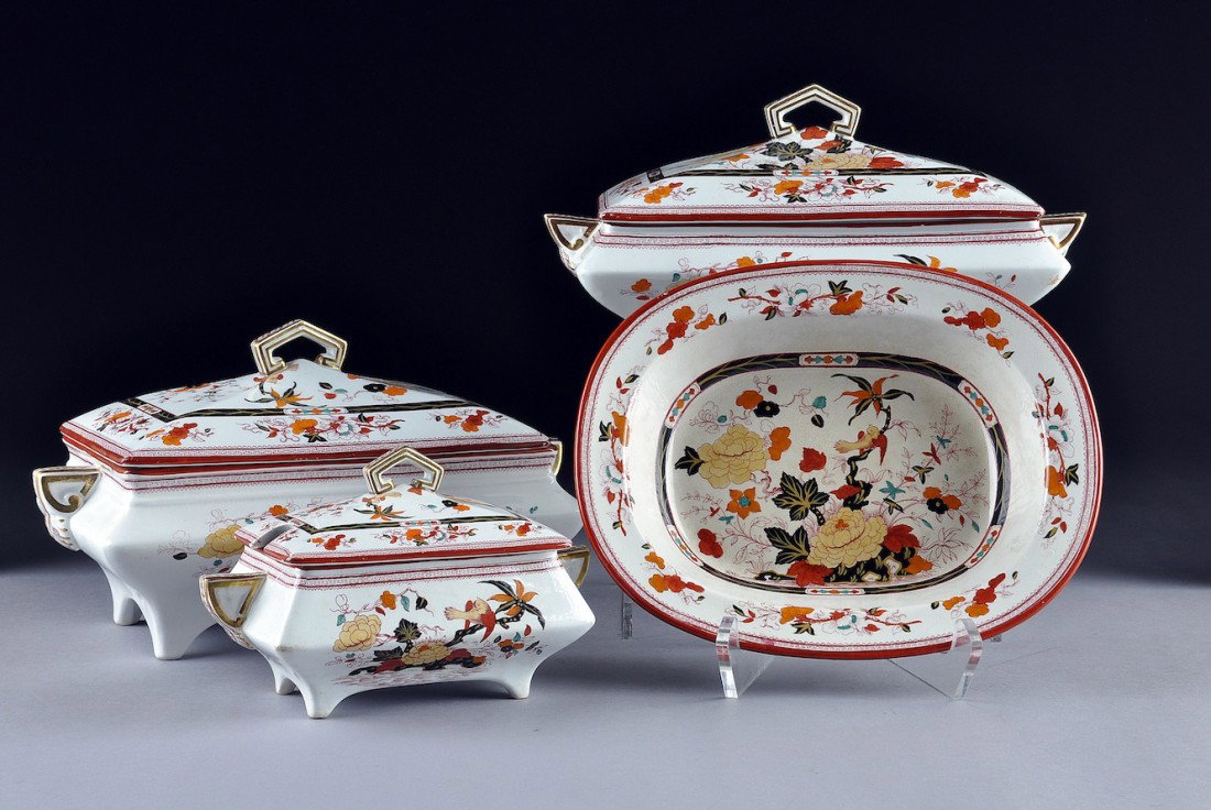 A STAFFORDSHIRE GROUP OF FOUR IRONSTONE SERVING WAR: A STAFFORDSHIRE GROUP OF FOUR IRONSTONE SERVING WARES, THOMAS TILL & SONS, SHANGHAI PATTERN, FEBRUARY 28, 1883, decorated in an Imari style palette with borders enclosing blossoming stems above a flor