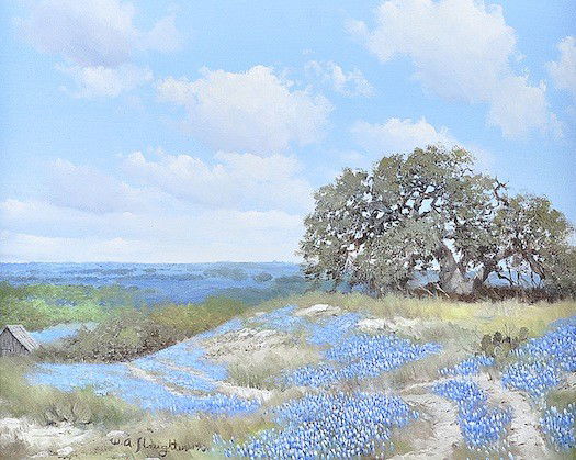 WILLIAM A. SLAUGHTER (American 1923-2003) A PAINTI: WILLIAM A. SLAUGHTER (American 1923-2003) A PAINTING, "Texas Landscape with Bluebonnets I," oil on canvas, signed and dated [19]73 L/L. 16" x 20". Framed.