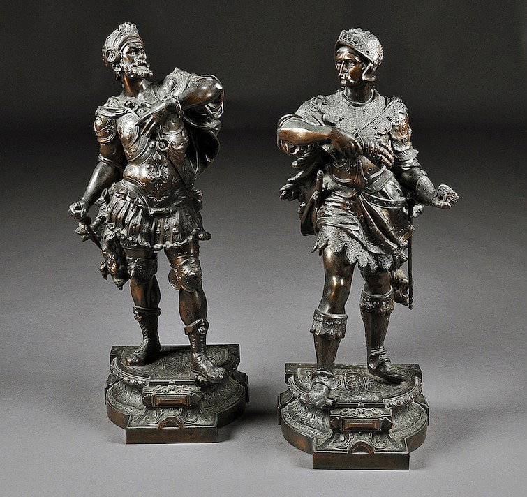 A PAIR OF ANTIQUE FRENCH RENAISSANCE REVIVAL COPPE: A PAIR OF ANTIQUE FRENCH RENAISSANCE REVIVAL COPPERED SPELTER METAL FIGURES OF ROMAN WARRIORS, THIRD-QUARTER 19TH CENTURY, each cast in a standing position and wearing nicely detailed chain mail above