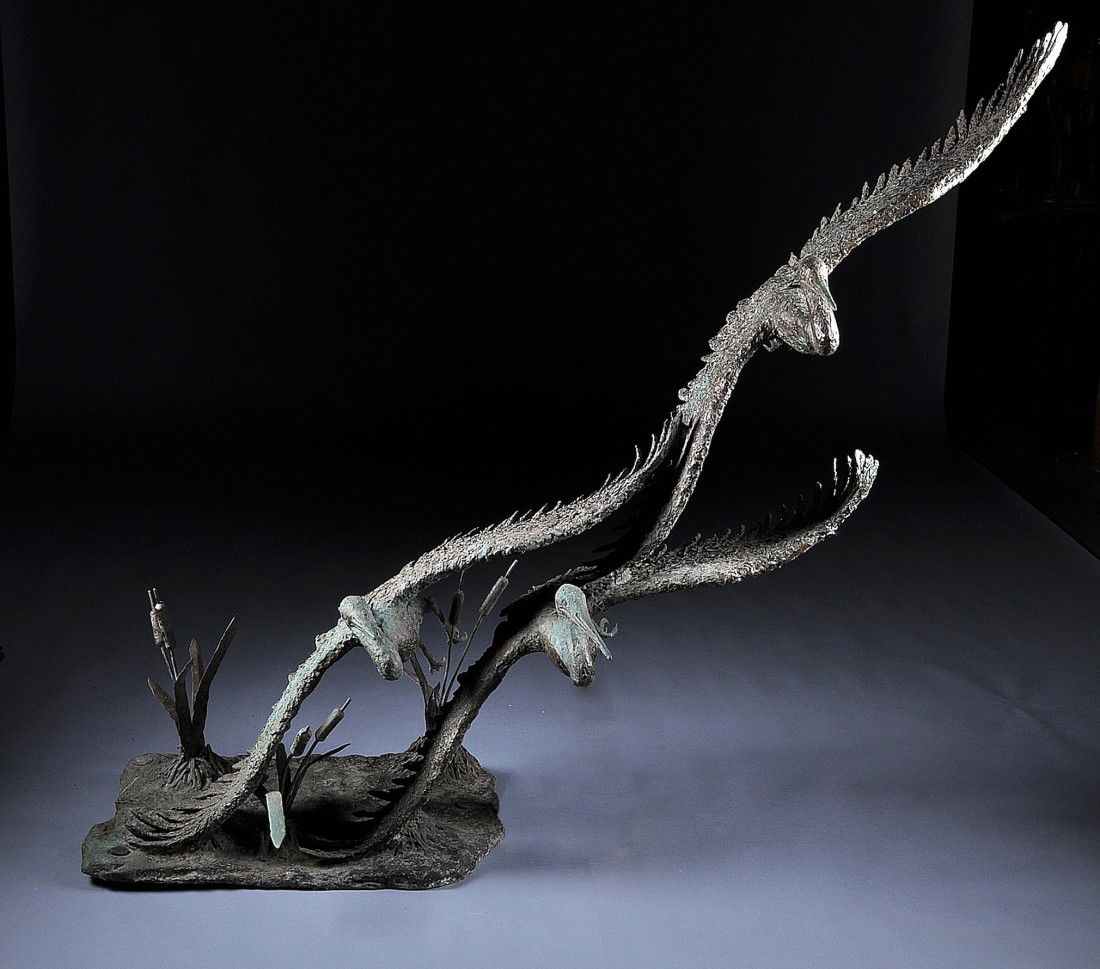 R. HUBBELL (AMERICAN CONTEMPORARY) A BRONZE FIGURE: R. HUBBELL (AMERICAN CONTEMPORARY) A BRONZE FIGURE, "Flight of the Sandhill Cranes," signed in the bronze and dated 1993. Height: 63" Width: 75"