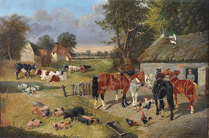 after JOHN FREDERICK HERRING, SR. (British 1795-1: after JOHN FREDERICK HERRING, SR. (British 1795-1865) A PAINTING, "Farmyard Scene," oil on canvas, signed L/R. 20" x 30". Framed.