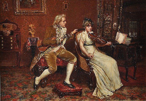 THOMAS W. SHIELDS (American 1849-1920) A PAINTING,: THOMAS W. SHIELDS (American 1849-1920) A PAINTING, "The Violin Lesson," oil on canvas, signed and dated 1893 L/R. 14" x 20". Period frame.