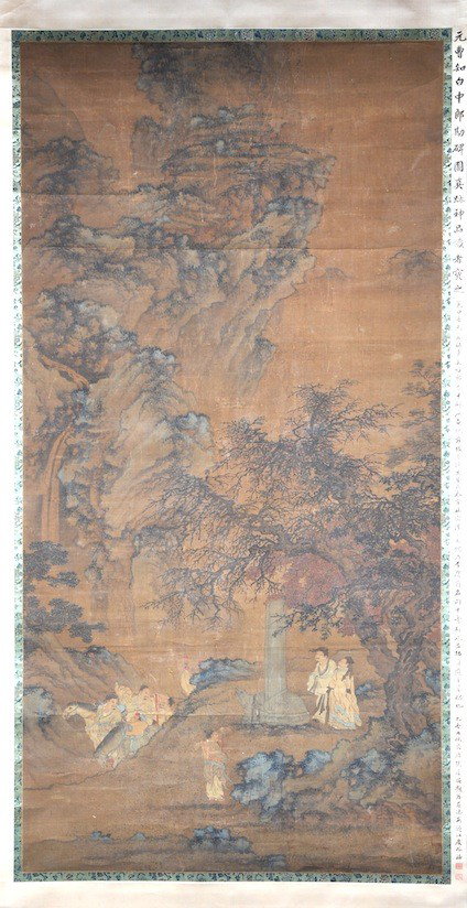 A CHINESE MOUNTAIN LANDSCAPE SCROLL, POSSIBLY EARL: A CHINESE MOUNTAIN LANDSCAPE SCROLL, POSSIBLY EARLY REPUBLIC PERIOD, painted in ink and colors and depicting traveling figures in a mountainous landscape studying a turtle stele monument amidst blosso