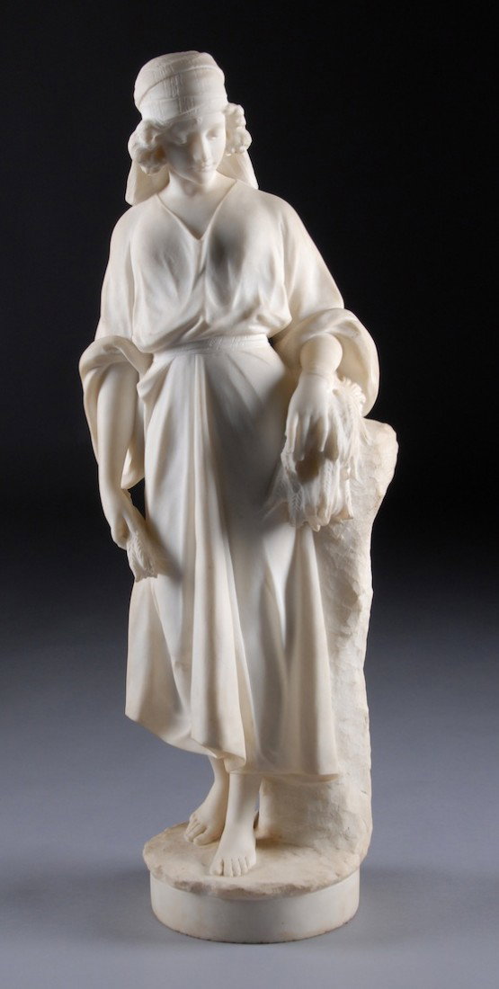 ANTONIO FRILLI (Italian 1860-1920) A MARBLE SCULPT: ANTONIO FRILLI (Italian 1860-1920) A MARBLE SCULPTURE, "The Gleaner," Carrara marble sculpture of a demure young girl, signed and inscribed with the name of his gallery in Florence. Height: 38"