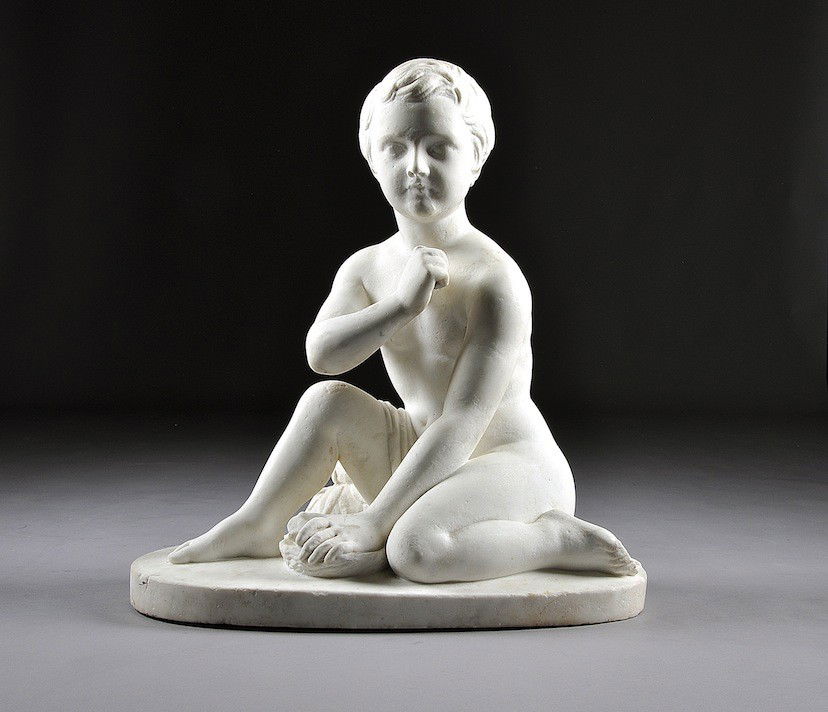 after FRANCESCO POZZI (Florentine Second Half 19th: after FRANCESCO POZZI (Florentine Second Half 19th Century) A MARBLE SCULPTURE, "Boy with Turtle," signed on the oval base. Note: The surface is lightly weathered and the forefinger of the proper righ