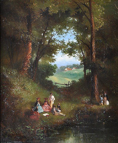 MYLES BIRKET FOSTER (British 1825-1899) A PAINTING: MYLES BIRKET FOSTER (British 1825-1899) A PAINTING, "Family Picnic," oil on canvas, signed L/L. 29 1/2" x 24 1/2". Framed.