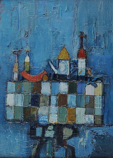DAVID ADICKES (American b. 1927) A PAINTING, "Stil: DAVID ADICKES (American b. 1927) A PAINTING, "Still Life in Deep Blue," acrylic on panel, signed L/R. 29" x 21". Framed.