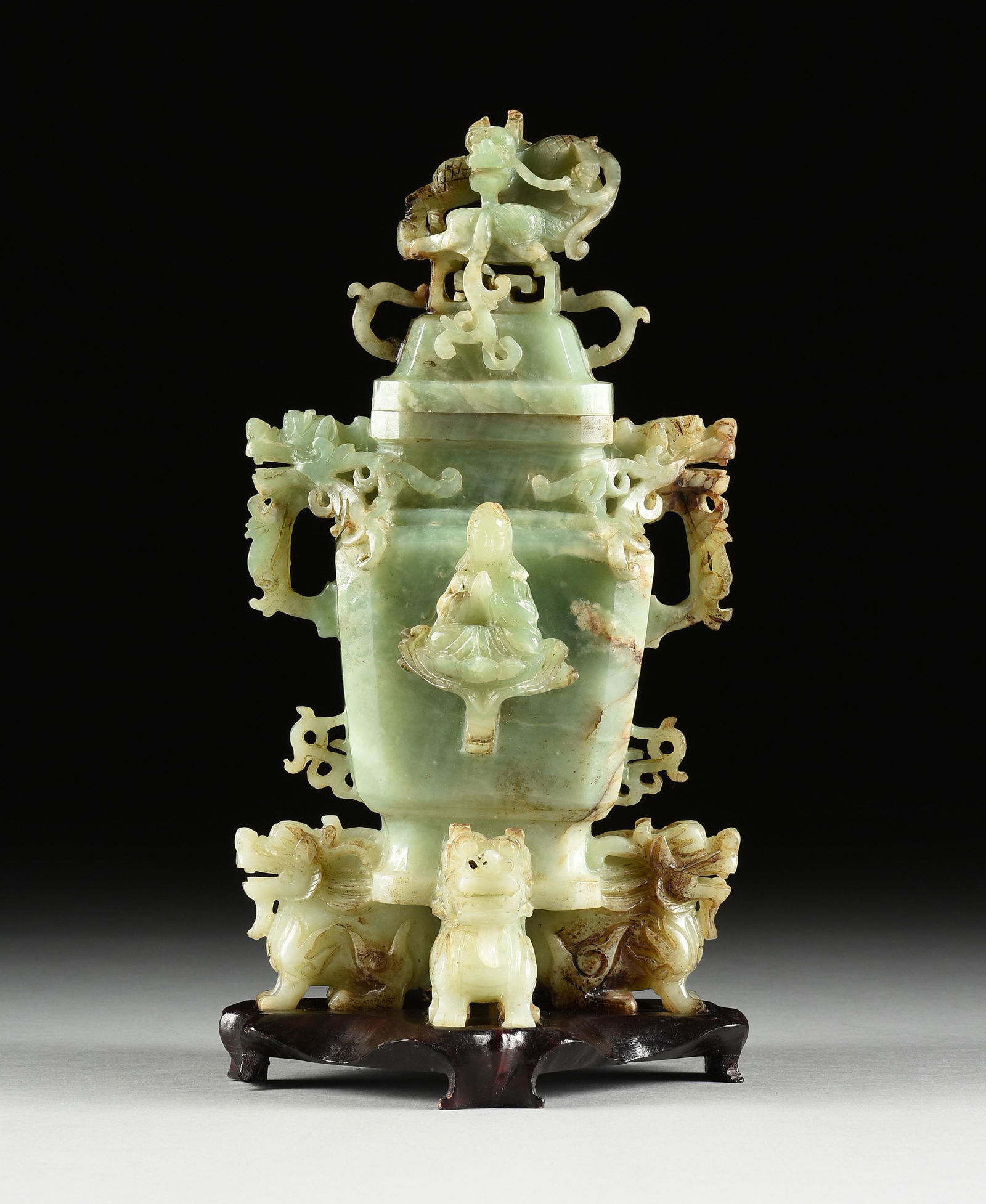 A CHINESE JADE VASE AND COVER, DRAGONS GUARDING GUANYIN, ON STAND, 20TH CENTURY, (1 of 13)