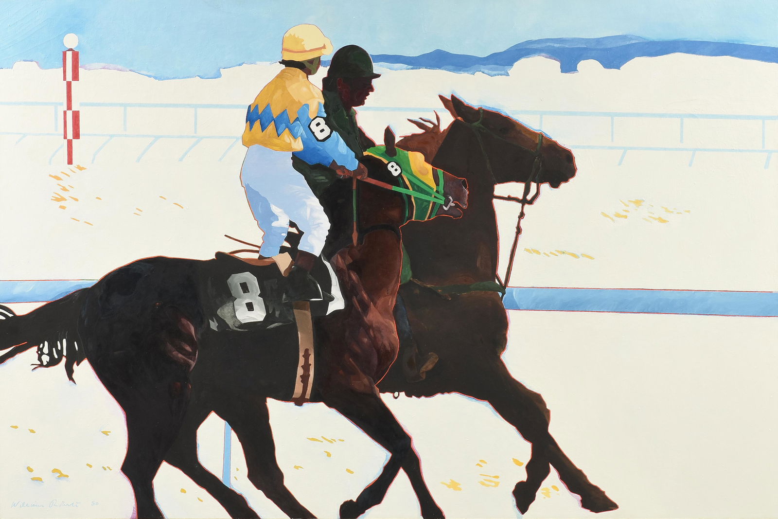 WILLIAM "BILL" ROBERTS (American b.1941) A PAINTING, "The Outrider," 1980,: WILLIAM "BILL" ROBERTS (American b.1941) A PAINTING, "The Outrider," 1980, oil on canvas, signed and dated L/R "William Roberts 80;" 48" x 72", framed 48 1/2" x 72 1/2". Provenance: Estate of Frances