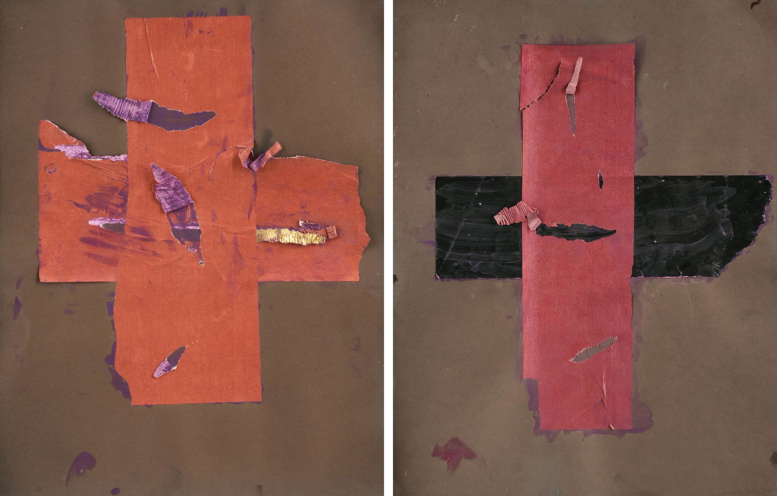 MICHAEL TRACY (American/Texas b. 1943) A PAIR OF COLLAGES, "Crosses," CIRCA 1990,: MICHAEL TRACY (American/Texas b. 1943) A PAIR OF COLLAGES, "Crosses," CIRCA 1990, gouache, paper, and mixed media collage on card; each 26" x 20", framed 29 3/4" x 23 3/4". Provenance: Estate of Franc