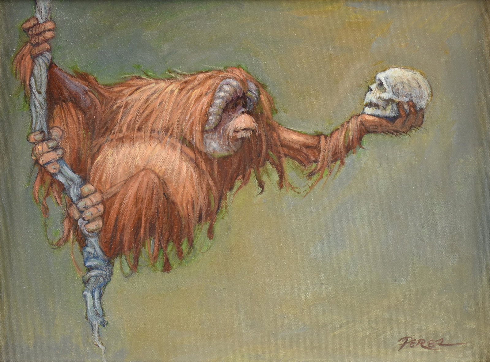 JOSE PEREZ (American/Texas b. 1929) A PAINTING, "To Be or Not to Be," 20TH CENTURY,: JOSE PEREZ (American/Texas b. 1929) A PAINTING, "To Be or Not to Be," 20TH CENTURY, oil on board, signed L/R, "Perez;" 12" x 16", framed 16 3/4" x 20 3/4".