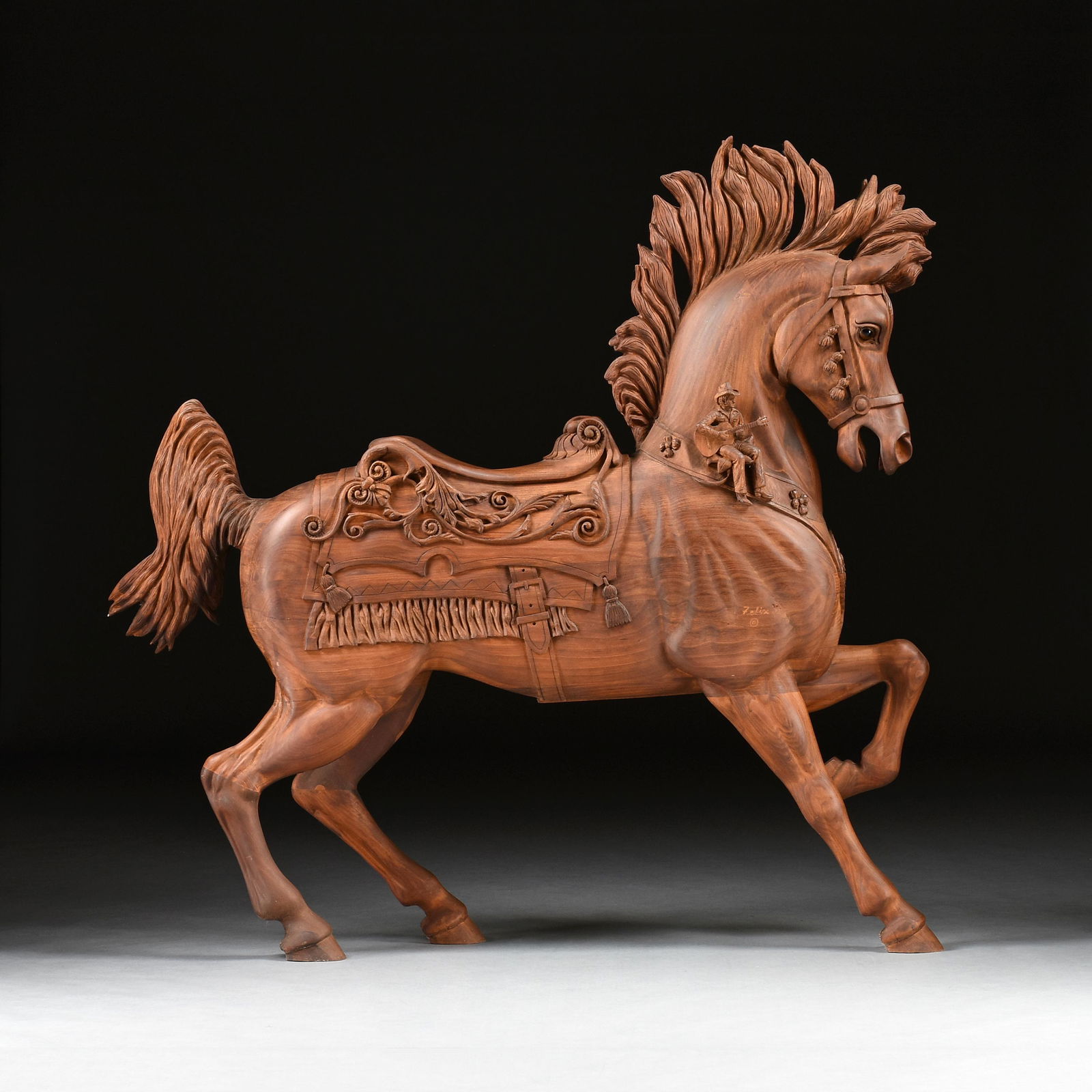 AN AMERICAN SCHOOL "CAROUSEL" STYLE LIFE-SIZE WOOD HORSE SCULPTURE, SIGNED, LATE 20TH CENTURY, (1 of 16)