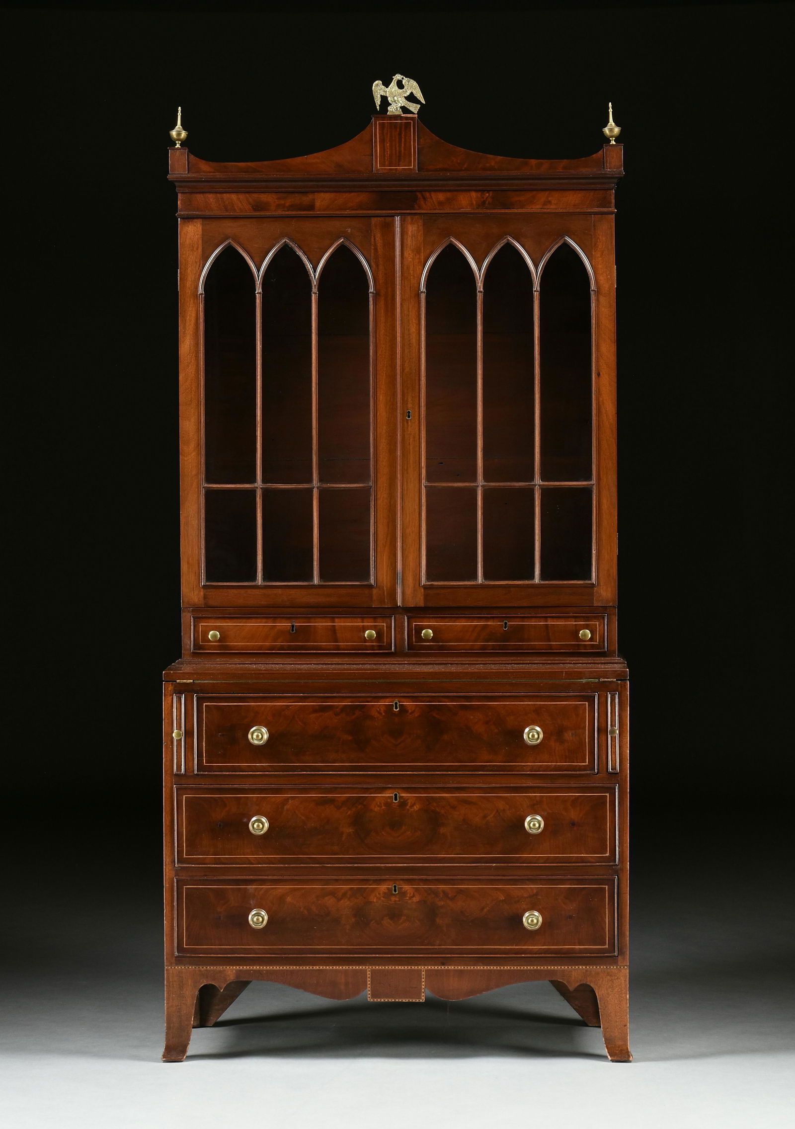 A FEDERAL HEPPLEWHITE INLAID FLAME MAHOGANY BOOKCASE SECRETARY, AMERICAN, 1790s-1830s, (1 of 11)