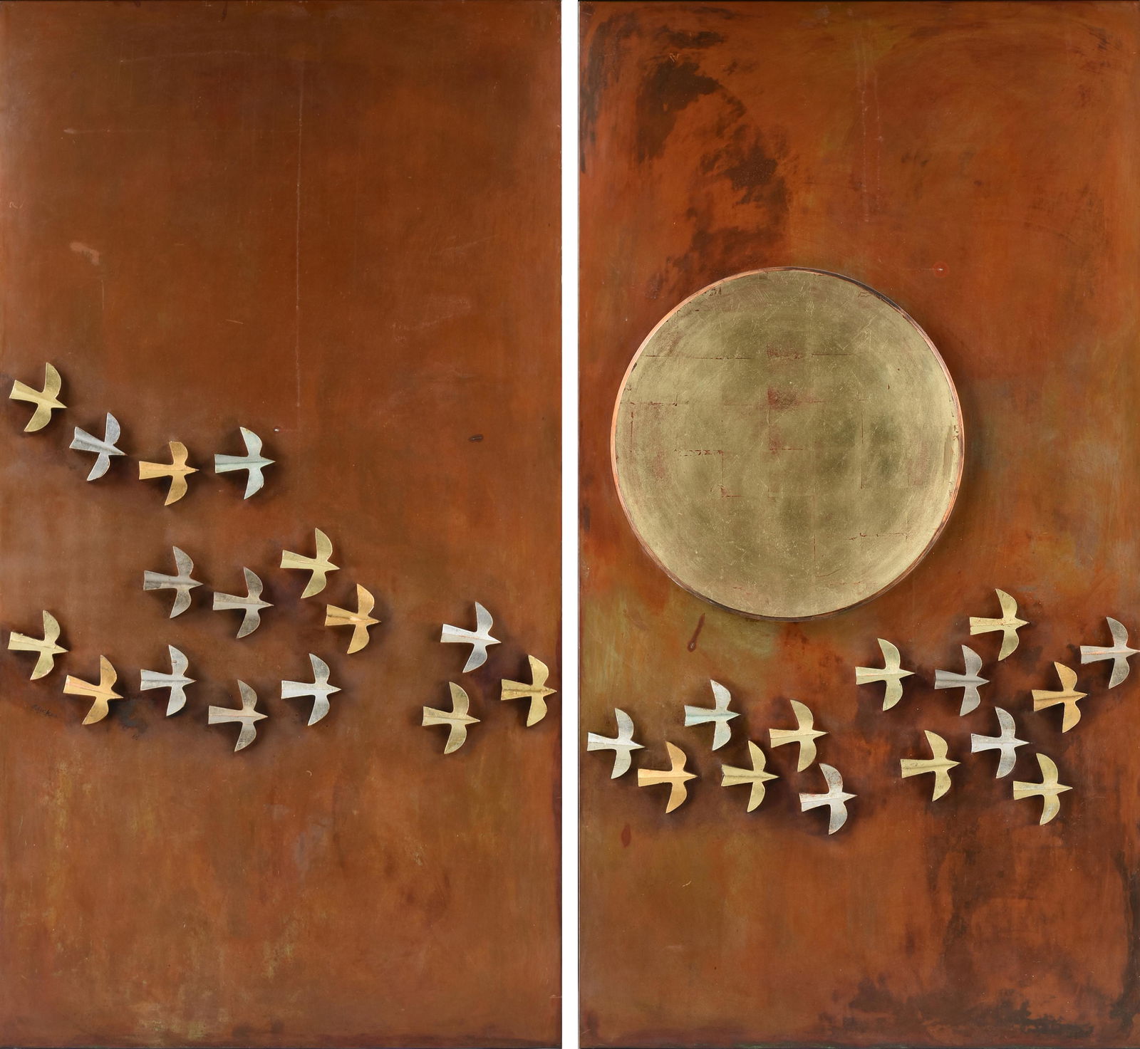 DAVID ADICKES (American/Texas b. 1927) A DIPTYCH WALL HANGING, "Birds and Sun," 20TH CENTURY,: DAVID ADICKES (American/Texas b. 1927) A DIPTYCH WALL HANGING, "Birds and Sun," 20TH CENTURY, two mixed media panels with metal, wood, and oil, signed on left panel L/L "Adickes," together with centra