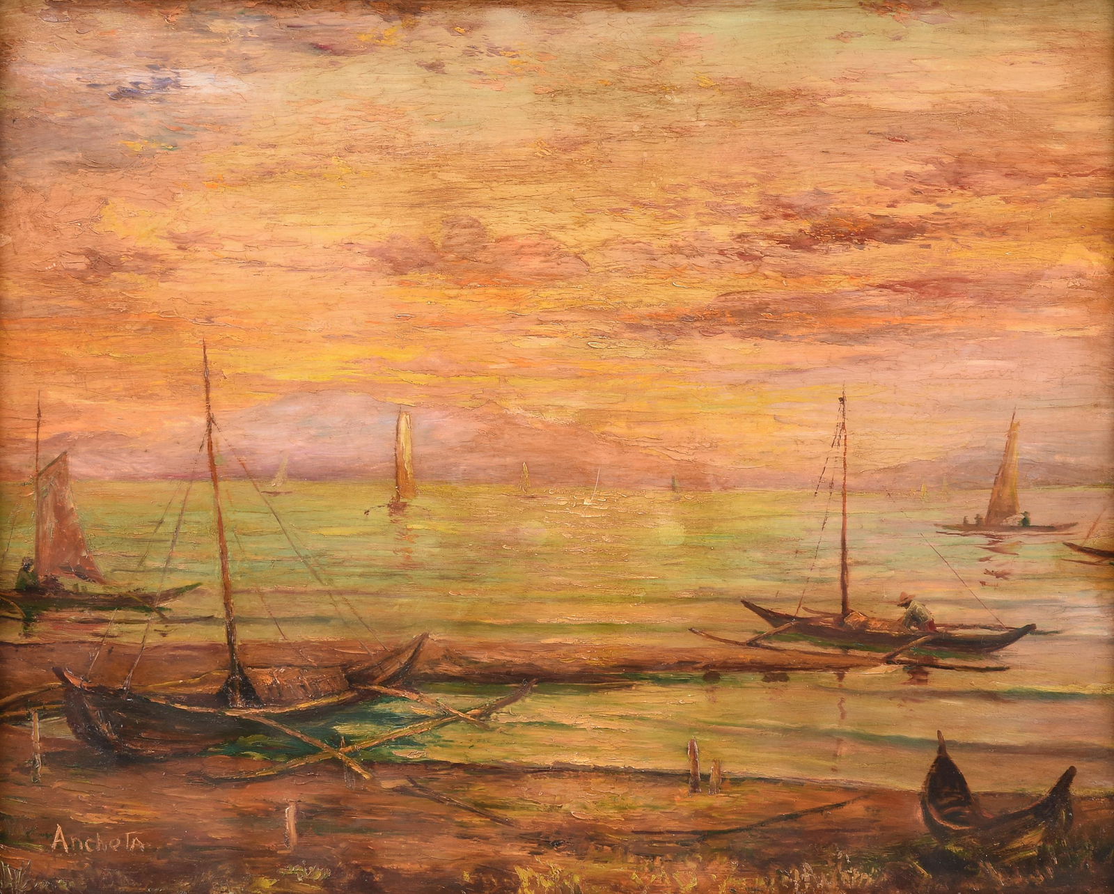 ISIDRO ANCHETA (Filipino 1882-1946) A PAINTING, "Fishing Boats on Manila Bay," 20TH CENTURY, (1 of 14)