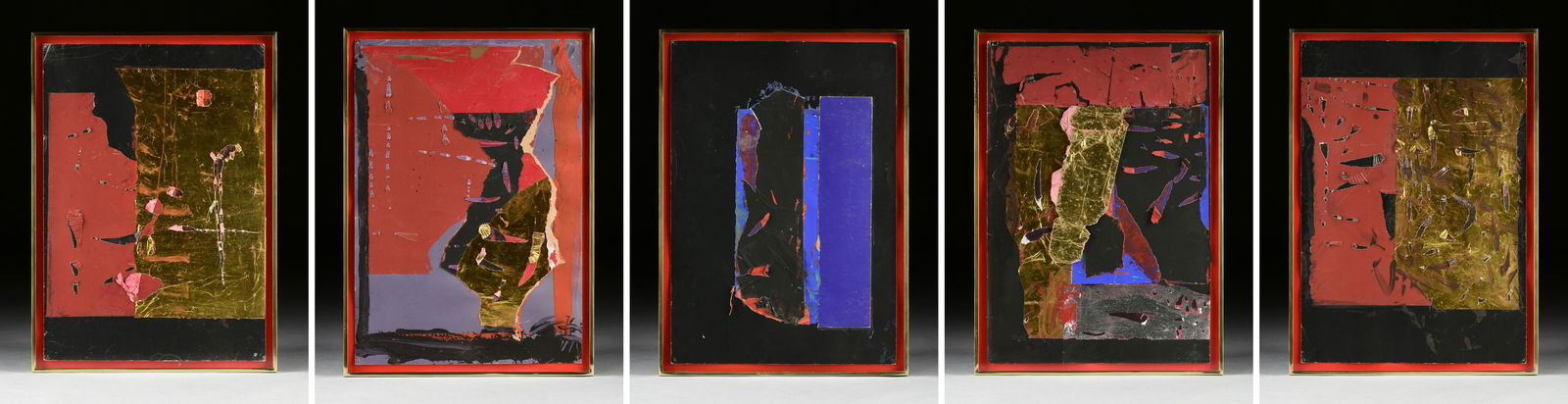 MICHAEL TRACY (American/Texas b. 1943) FIVE COLLAGES, "Stations of the Cross to Nicaragua," 1985,: MICHAEL TRACY (American/Texas b. 1943) FIVE COLLAGES, "Stations of the Cross to Nicaragua," 1985, mixed media collages with pigment, paper and foil on card, each with a paper label on backing stating