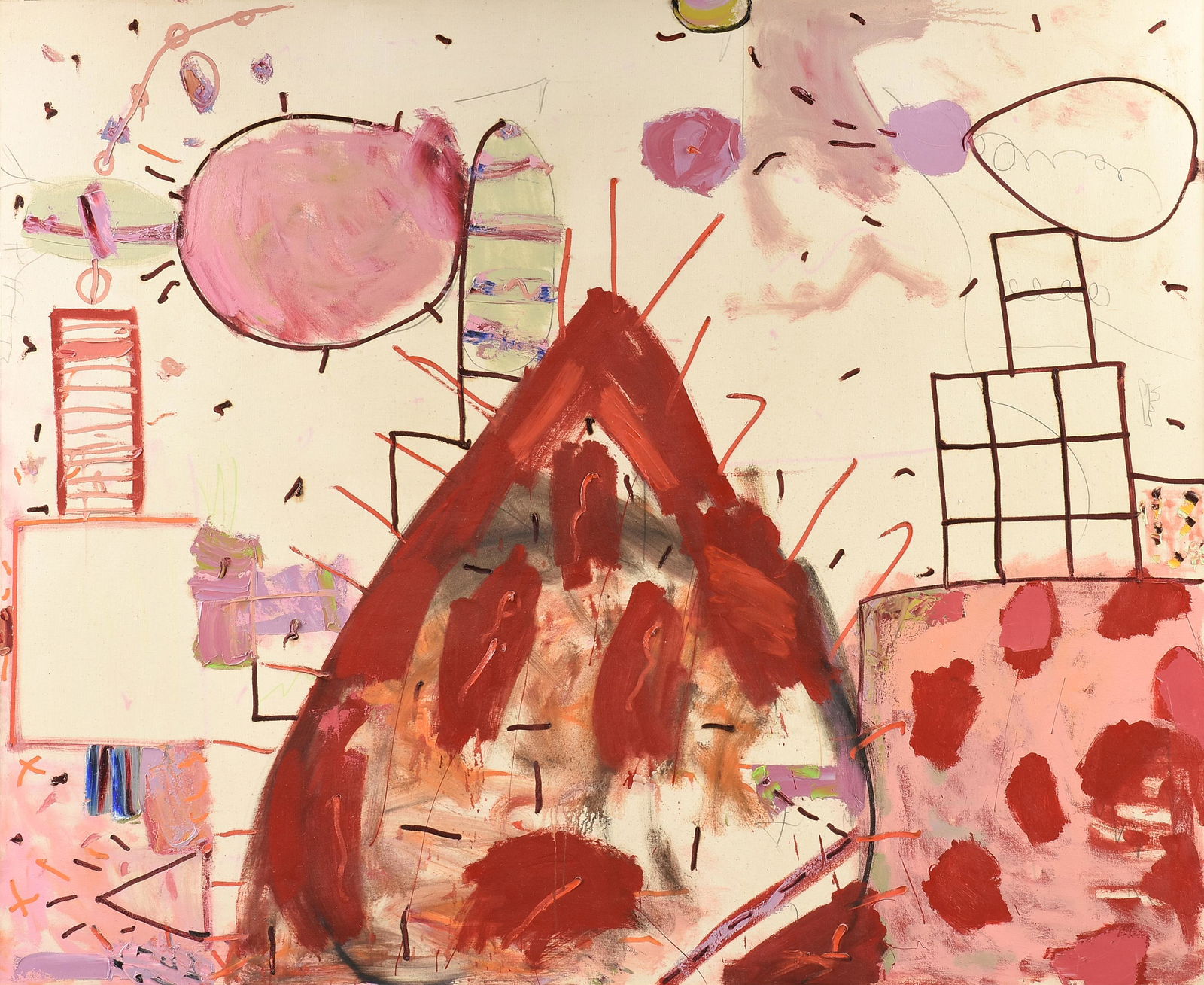 DICK WRAY (American/Texas 1933-2011) A PAINTING, "Townscape in Red," 1976,: DICK WRAY (American/Texas 1933-2011) A PAINTING, "Townscape in Red," 1976, oil on canvas, reverse signed and dated "dick wray / 76;" 65 1/4" x 79 1/4", framed 66 1/4" x 80 1/4". Provenance: Estate of