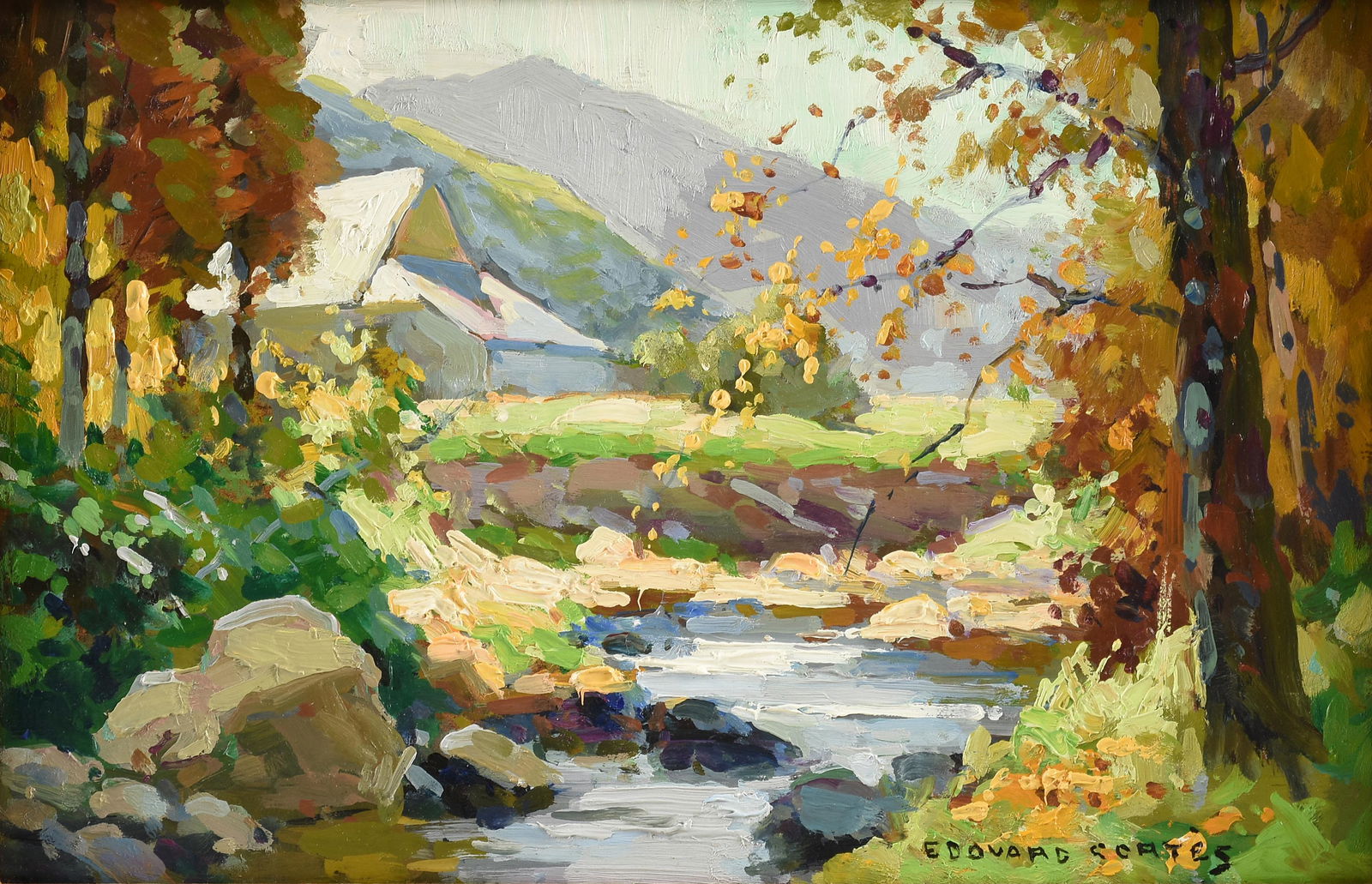 ÉDOUARD CORTÈS (French 1882-1969) A PAINTING, "Riviere dans la Valleeg," 1920s-1930s,: ÉDOUARD CORTÈS (French 1882-1969) A PAINTING, "Riviere dans la Valleeg," 1920s-1930s, oil on board, signed L/R, "Edouard Cortes;" 9 1/2" x 14", framed 18 1/2" x 23 1/2". Note: This painting