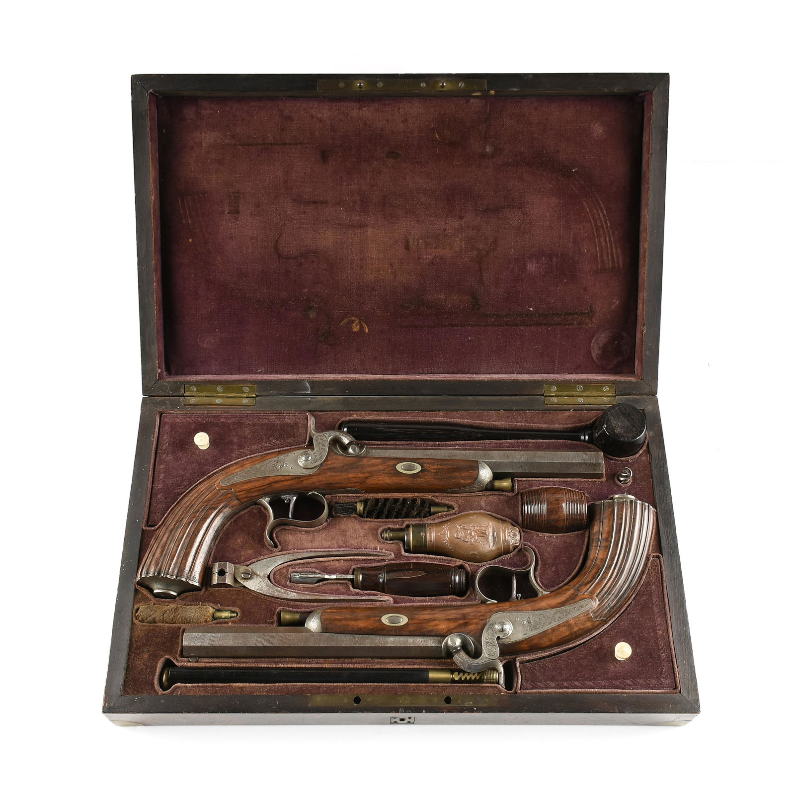 A CASED PAIR OF ENGRAVED BELGIAN PERCUSSION TARGET PISTOLS, MID 19TH CENTURY, (1 of 12)