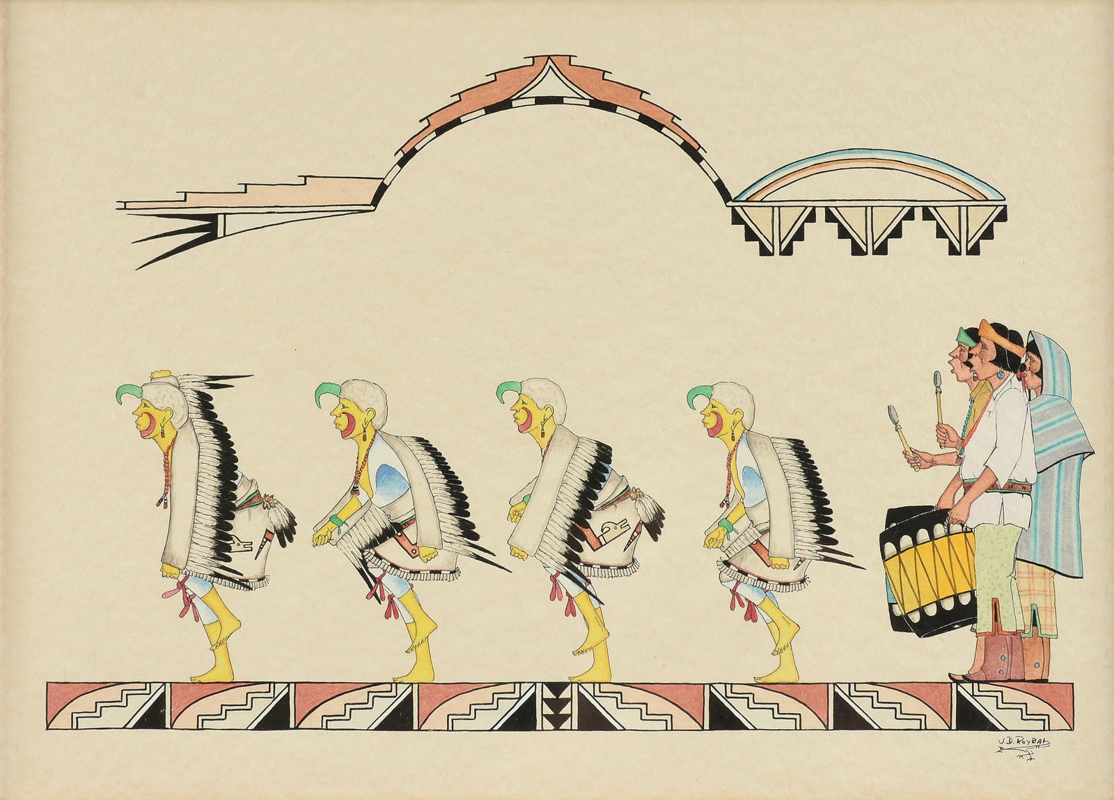 JOSÉ D. "OQUWA" ROYBAL (American 1922-1978) A PAINTING, "Native American Dance," 20TH CENTURY, (1 of 12)