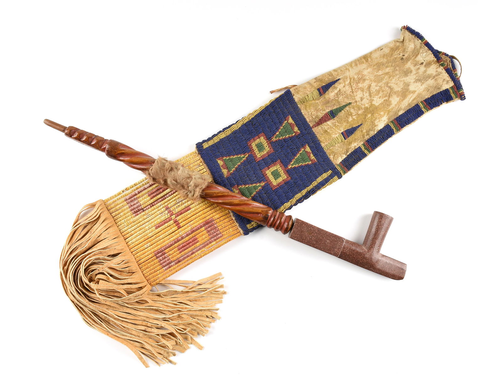 A NATIVE AMERICAN PLAINS INDIANS PIPE AND BEADED AND QUILLED BUCKSKIN HIDE PIPE AND TOBACCO BAG, PRO (1 of 12)