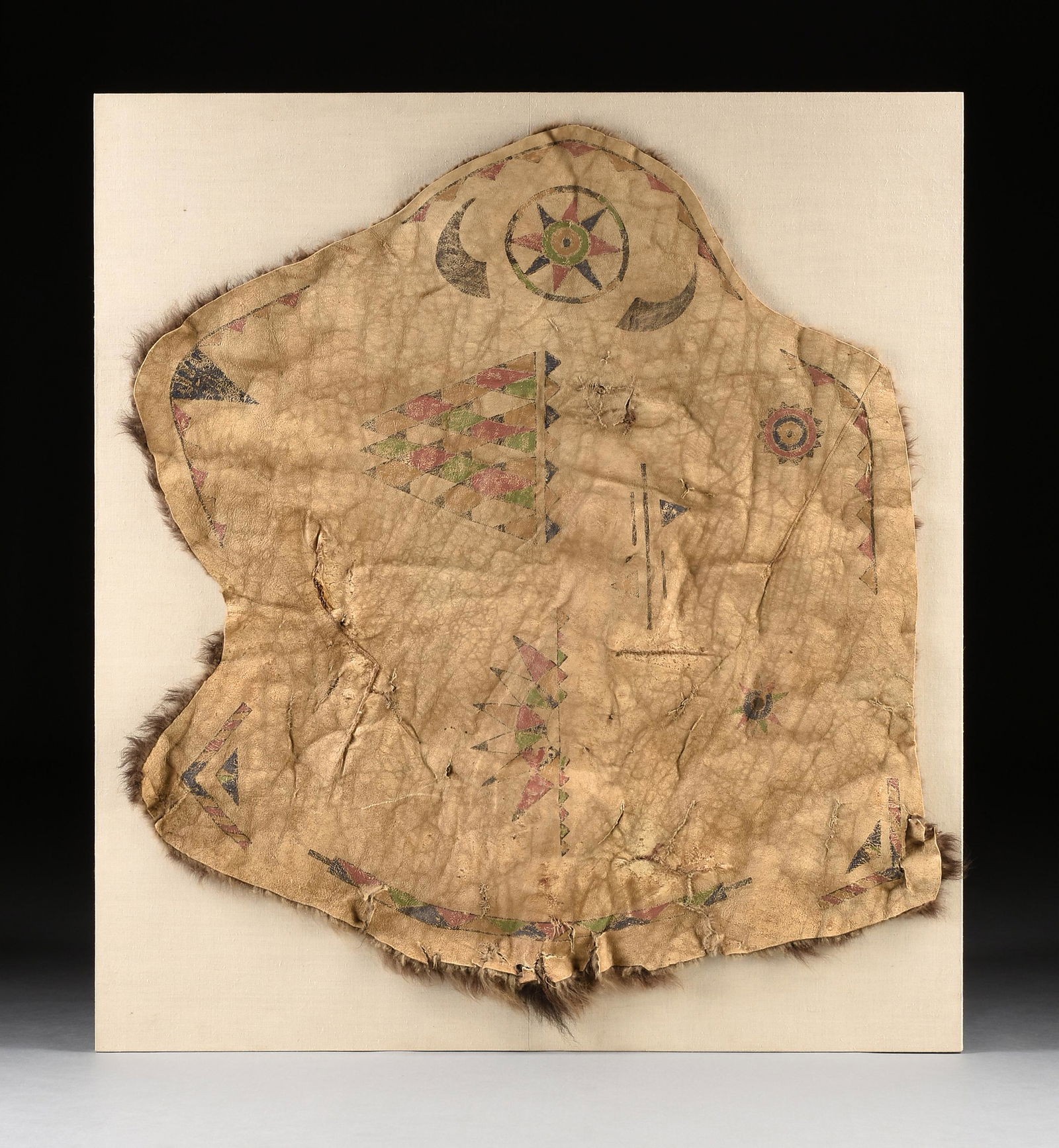 A NATIVE AMERICAN PAINTED BUFFALO SUNDANCE CEREMONY ROBE, PROBABLY BLACKFOOT, CIRCA 1890, (1 of 9)