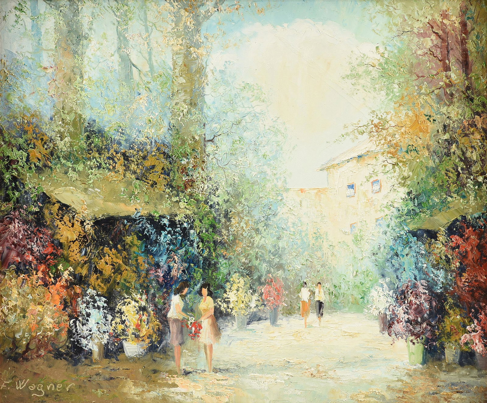 FREDERICK R. WAGNER (American 1864-1940) A PAINTING, "Garden Scene with Figures," 20TH CENTURY,: FREDERICK R. WAGNER (American 1864-1940) A PAINTING, "Garden Scene with Figures," 20TH CENTURY, oil on canvas, signed L/L, "F. Wagner;" 19 1/2" x 23 1/4", framed 27 1/4" x 31 1/4".