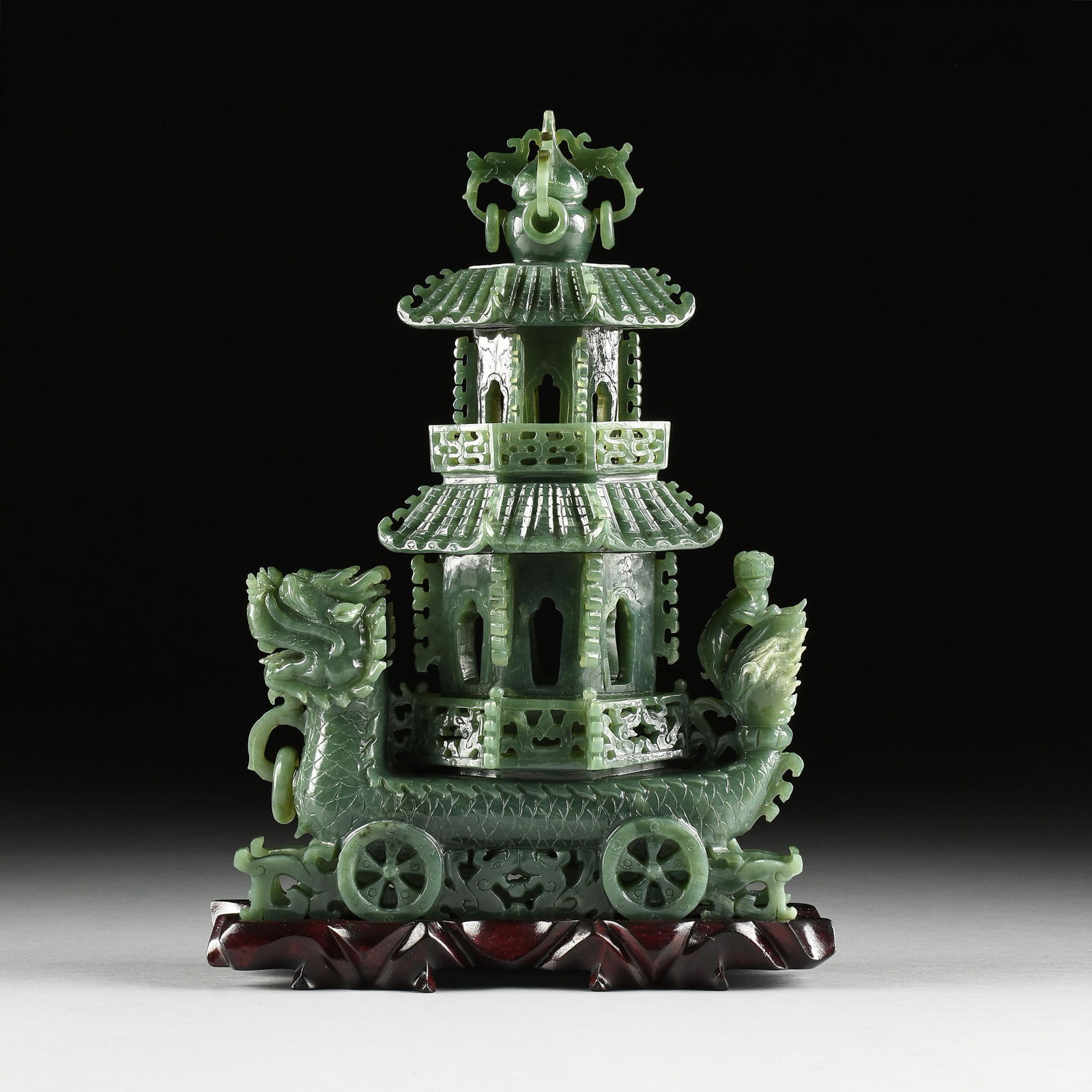 A CHINESE GREEN JADE DRAGON BOAT PAGODA INCENSE BURNER ON STAND, 20TH CENTURY, (1 of 15)