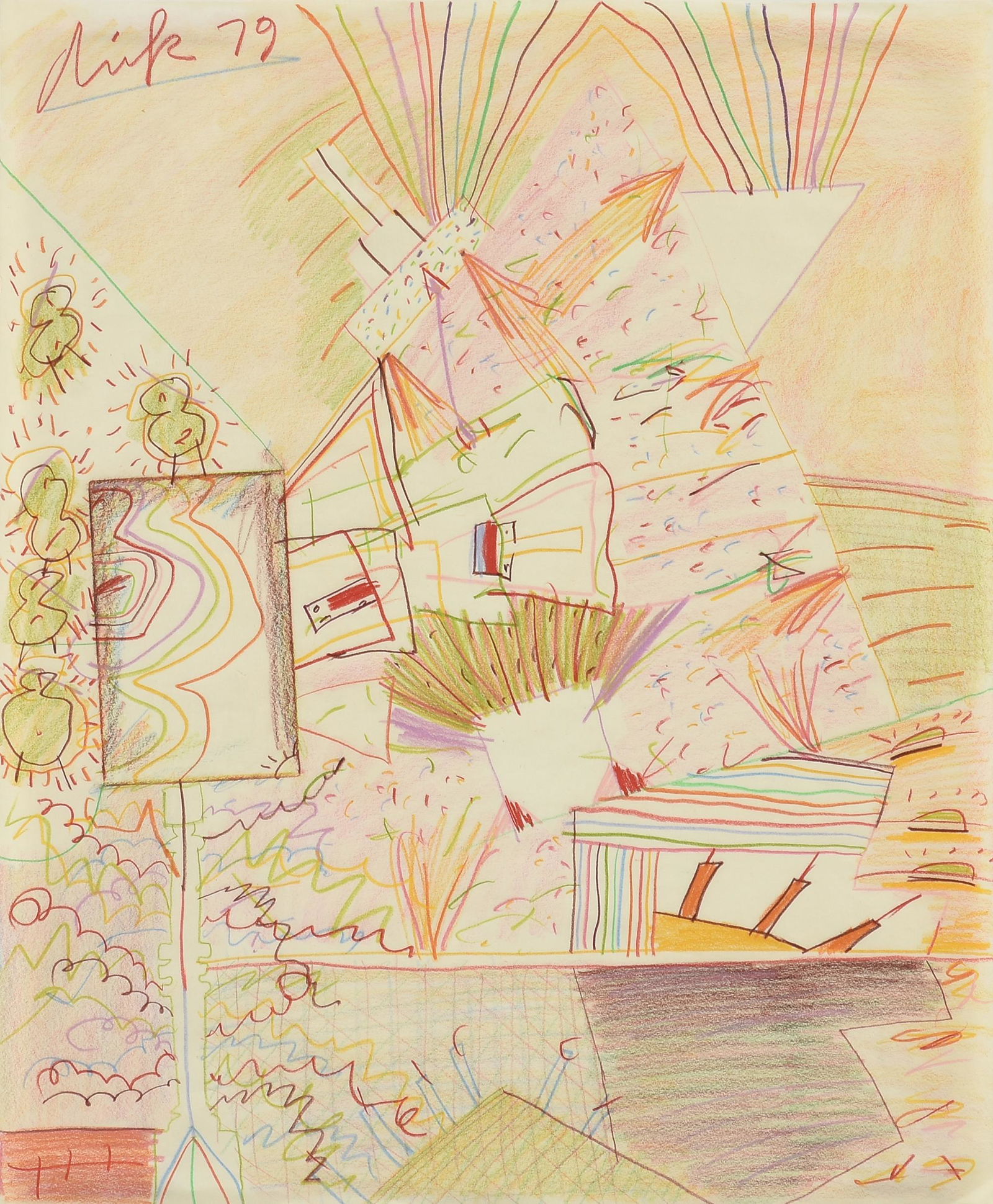 DICK WRAY (American/Texas 1933-2011) A DRAWING, Untitled, 1979,: DICK WRAY (American/Texas 1933-2011) A DRAWING, Untitled, 1979, pastel on paper, signed and dated U/L "dick 79;" 17" x 14", framed 19 1/4" x 16 1/4". Provenance: Estate of Robert William Guynn, Housto