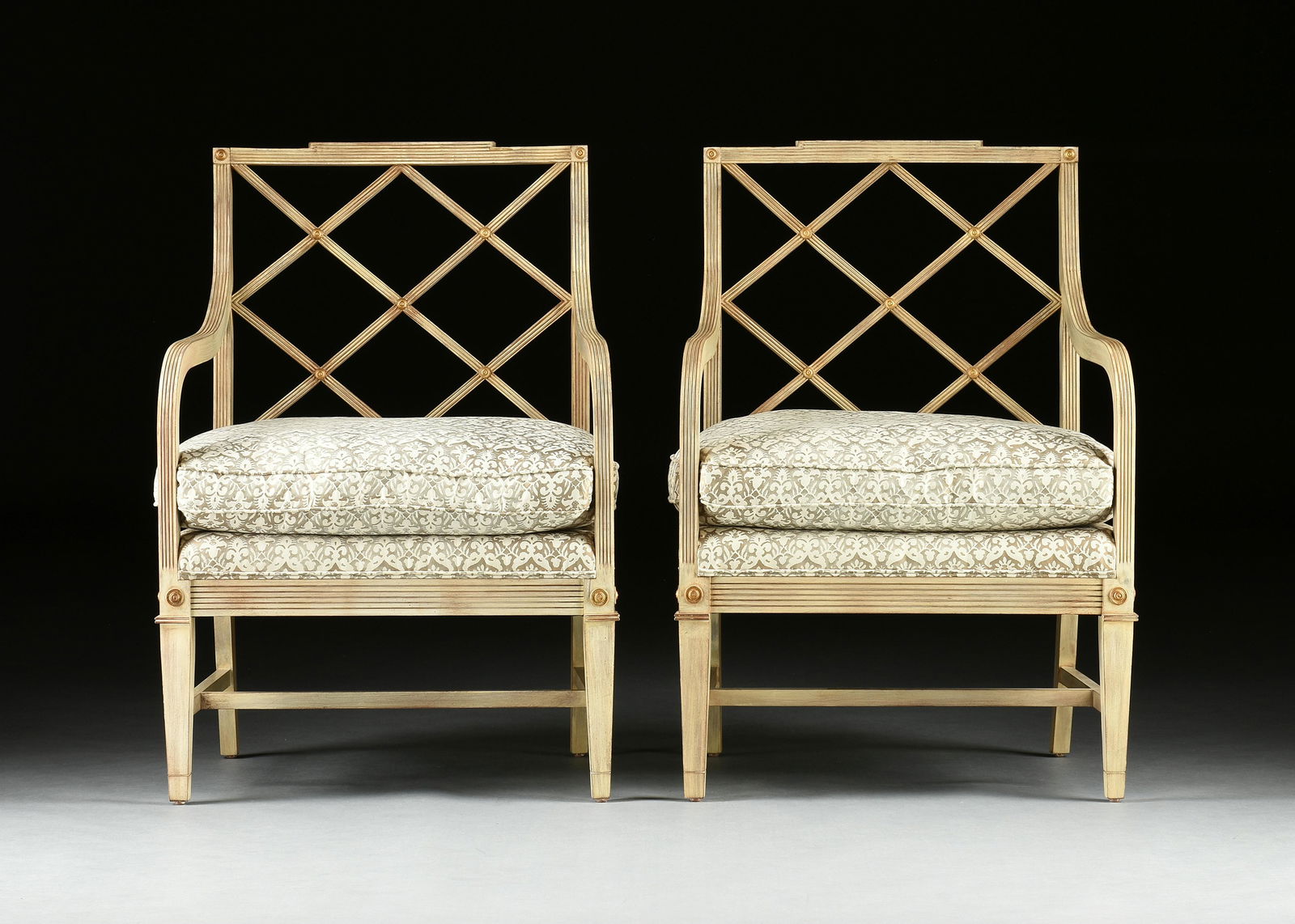 A PAIR OF JOHN BOONE AND FORTUNY FABRIC NEOCLASSICAL BESPOKE PAINTED ARMCHAIRS, NEW YORK, MODERN, (1 of 8)