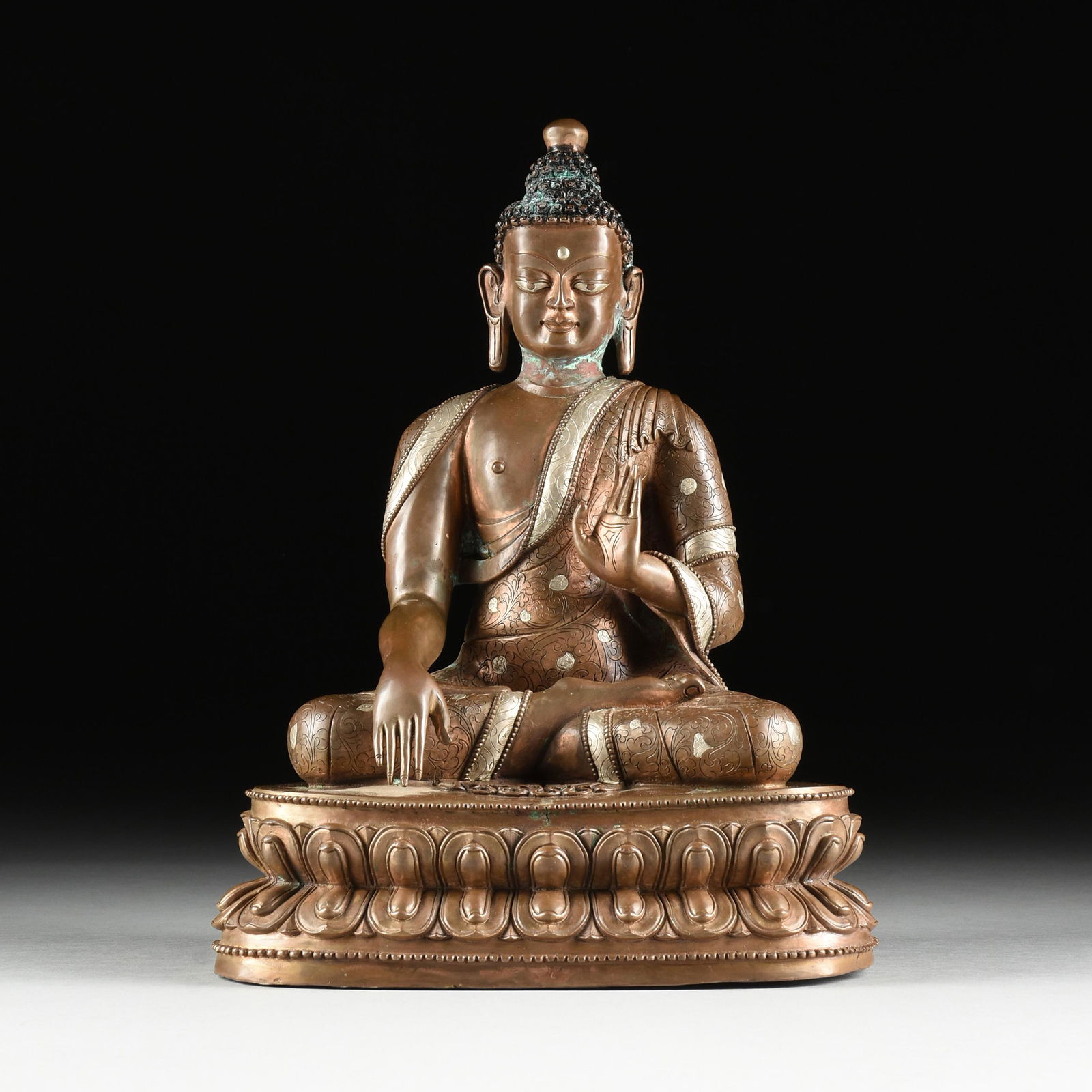 A NEPALI INLAID TRIBAL SILVER AND COPPER BUDDHA SHAKYAMUNI SCULPTURE, IN THE 15TH CENTURY TASTE, PRO (1 of 11)