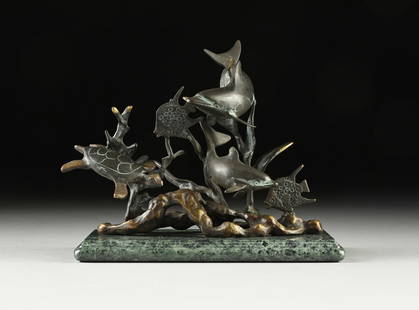 A BRONZE SCULPTURE, "Sea Turtle and Dolphins in Reef," SAN FRANCISCO, MODERN,: A BRONZE SCULPTURE, "Sea Turtle and Dolphins in Reef," SAN FRANCISCO, MODERN, cast patinated bronze on green marble base, reverse with label, "San Pacific International." Height: 8 1/2" Width: 10" Dep