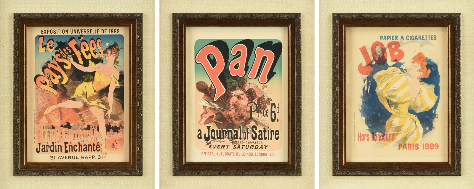 JULES CHERET (French 1836-1932) THREE PRINTS, "Job," "Pan," and "Le Pays des Fées," CIRCA 1900, (1 of 11)