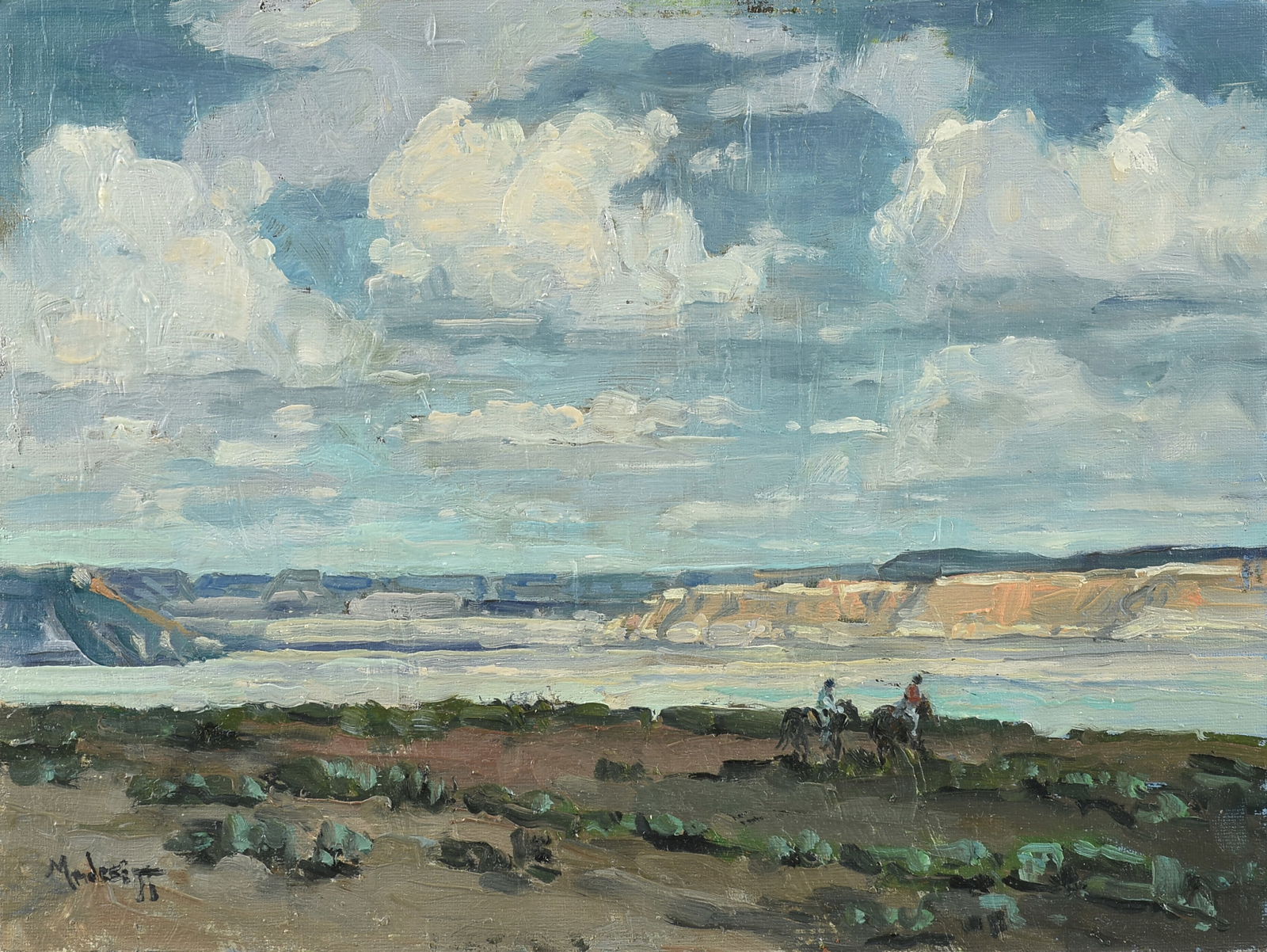 JOHN MODESITT (American b. 1955) A PAINTING, "The Mesa," LATE 20TH CENTURY,: JOHN MODESITT (American b. 1955) A PAINTING, "The Mesa," LATE 20TH CENTURY, oil on artist board, signed L/R, "Modesitt," also titled and signed on reverse, "The Mesa / John Modesitt." 9" x 12"