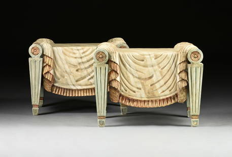 A PAIR OF VENETIAN STYLE TROMPE L'OEIL PAINTED WOOD "FABRIC DRAPED" WINDOW SEATS, PROBABLY ITALIAN,: A PAIR OF VENETIAN STYLE TROMPE L'OEIL PAINTED WOOD "FABRIC DRAPED" WINDOW SEATS, PROBABLY ITALIAN, 19TH/20TH CENTURY, painted and carved wood in the form of a rectangular bench draped with a striped