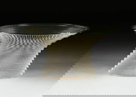 WARREN PLATNER COFFEE TABLE, FOR KNOLL INTERNATIONAL, DESIGNED 1966,: WARREN PLATNER COFFEE TABLE, FOR KNOLL INTERNATIONAL, DESIGNED 1966, the hour glass shaped base of bent polished chromed steel rods with glass top. Height: 15 1/2" Diameter: 31"