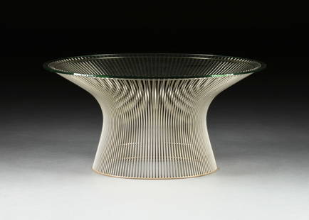 WARREN PLATNER COFFEE TABLE, FOR KNOLL INTERNATIONAL, DESIGNED 1966,: WARREN PLATNER COFFEE TABLE, FOR KNOLL INTERNATIONAL, DESIGNED 1966, the hour glass shaped base of bent polished chromed steel rods with glass top. Height: 15 1/2" Diameter: 31"