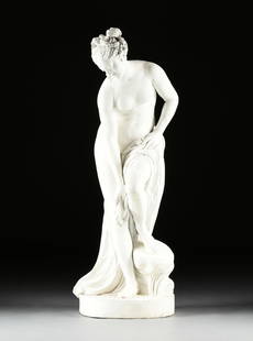 after CHRISTOPHE-GABRIEL ALLEGRAIN (French 1710-1795) NEOCLASSICAL SCULPTURE, "La Baigneuse: V&#233;: after CHRISTOPHE-GABRIEL ALLEGRAIN (French 1710-1795) NEOCLASSICAL SCULPTURE, "La Baigneuse: V&#233;nus Sortant du Bain (Venus after the Bath)," PROBABLY 19TH CENTURY, a life size white painted terrac