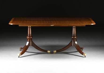 AN AMERICAN FEDERAL STYLE MAHOGANY INLAID DUAL PEDESTAL DINING TABLE, BY HENREDON, LATE 20TH: AN AMERICAN FEDERAL STYLE MAHOGANY INLAID DUAL PEDESTAL DINING TABLE, BY HENREDON, LATE 20TH CENTURY, the rectangular top with an inlaid wide band is upheld by two ring-turned tapered legs on splayed