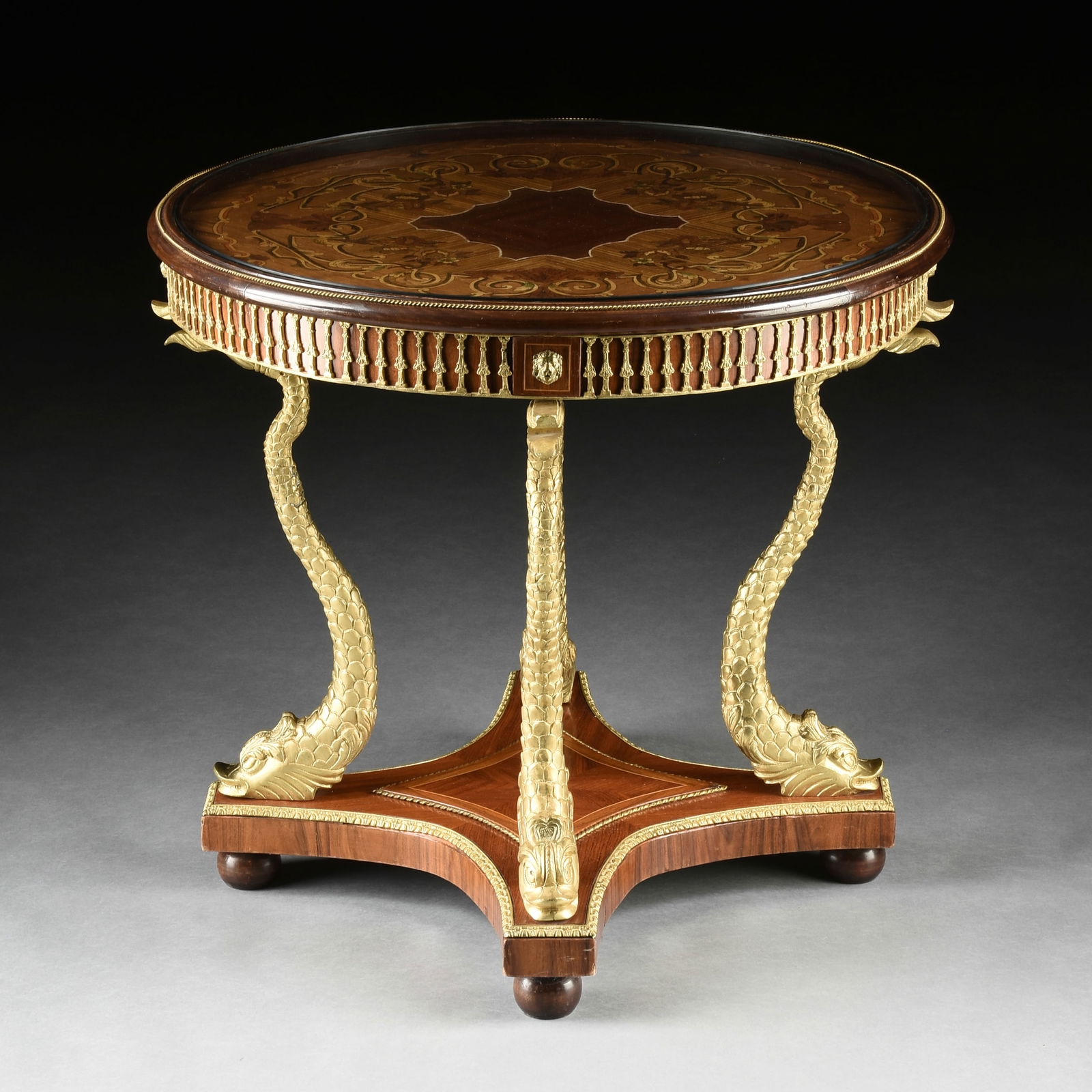 A NAPOLEON III STYLE MARQUETRY INLAID BRONZE MOUNTED DOLPHIN LEG CENTER TABLE, 20TH CENTURY, (1 of 9)