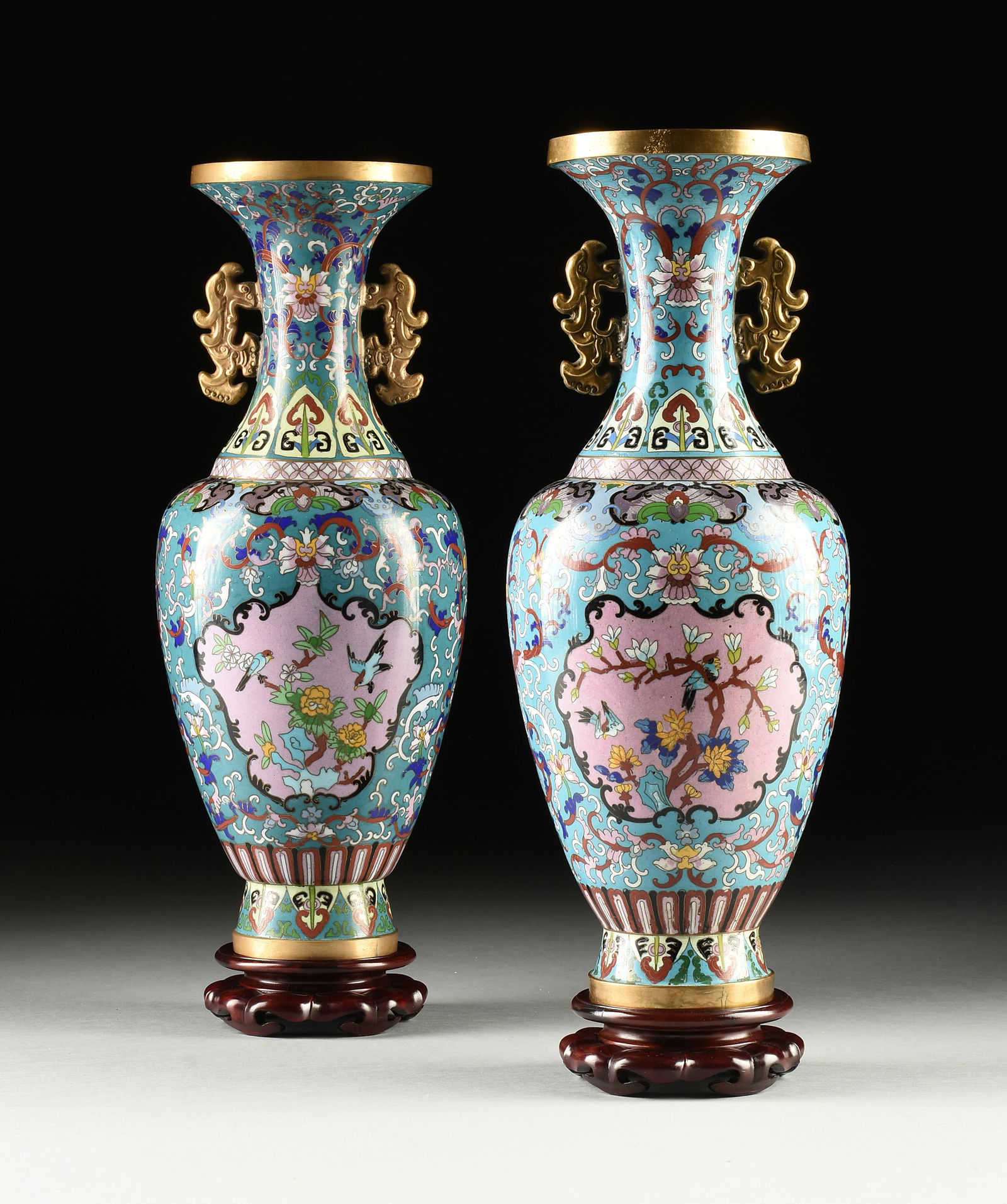 A PAIR OF CHINESE EXPORT TURQUOISE AND PINK GROUND CLOISONNÉ VASES, PROBABLY QING DYNASTY (1 of 15)